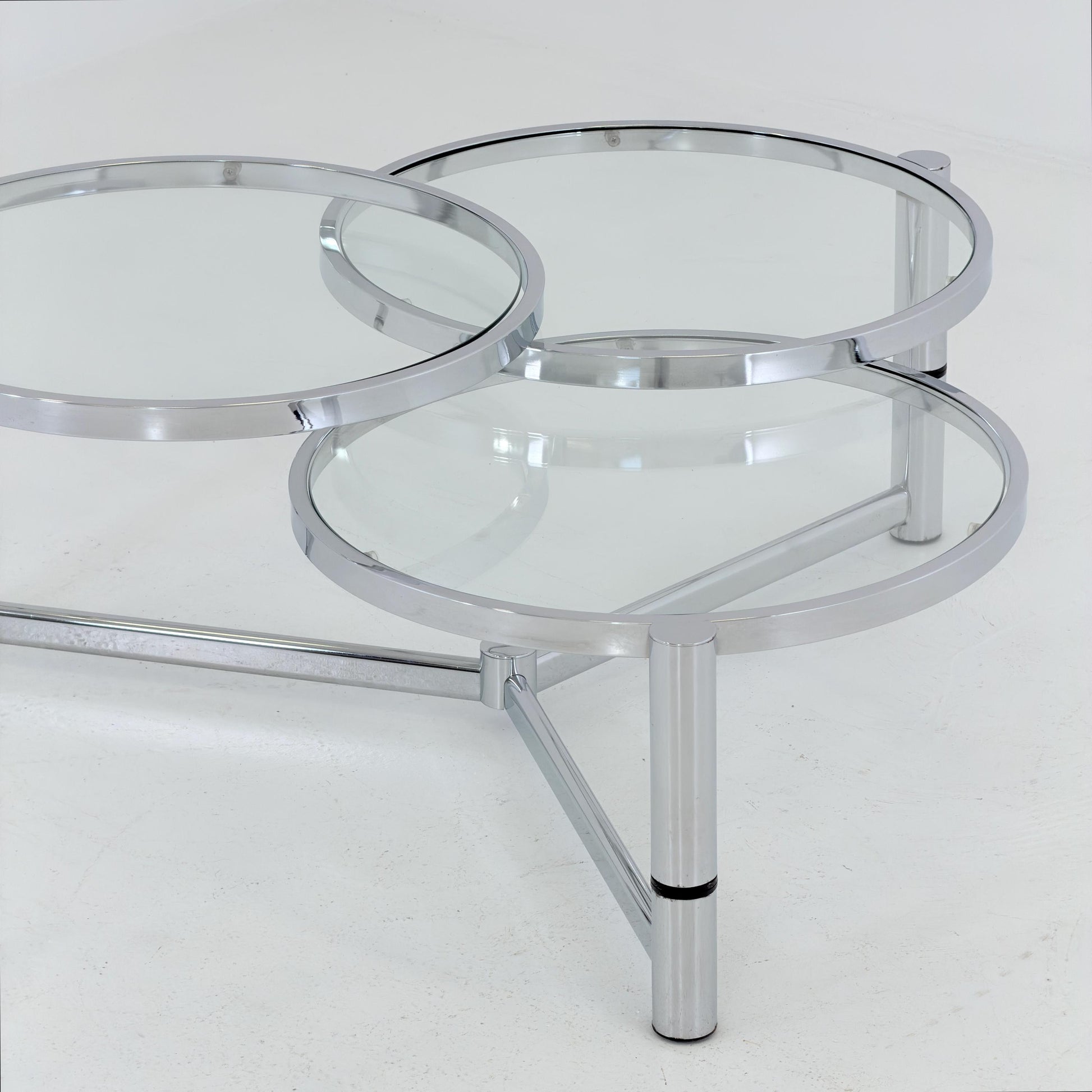 Rare Italian Bauhaus Swivel Coffee Table | Chrome & Glass 3-Tier Couch Table | 1980s