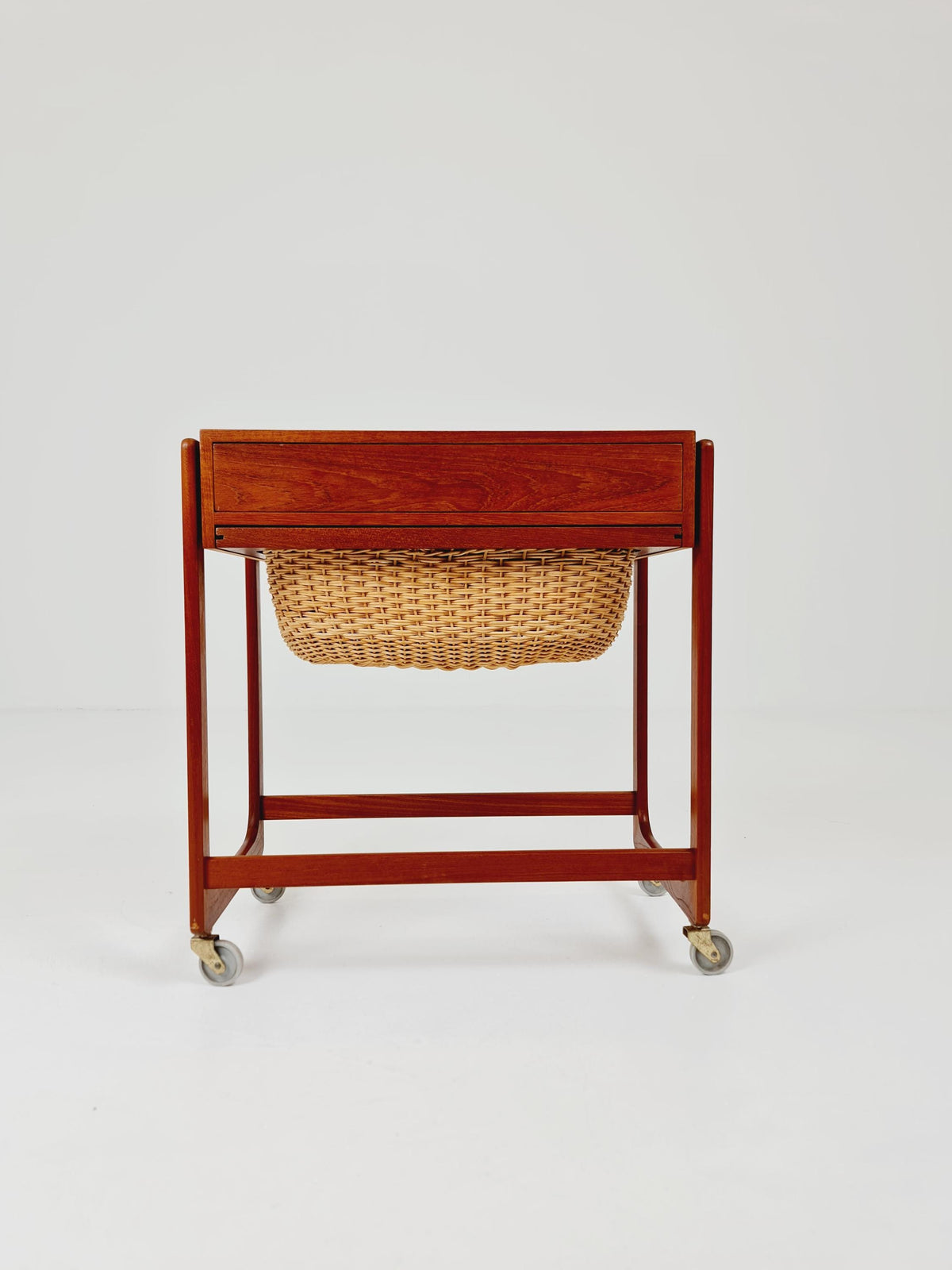 Vintage Danish teak and rattan sewing table/ side table cabinet By BR Gelsted , 1960s