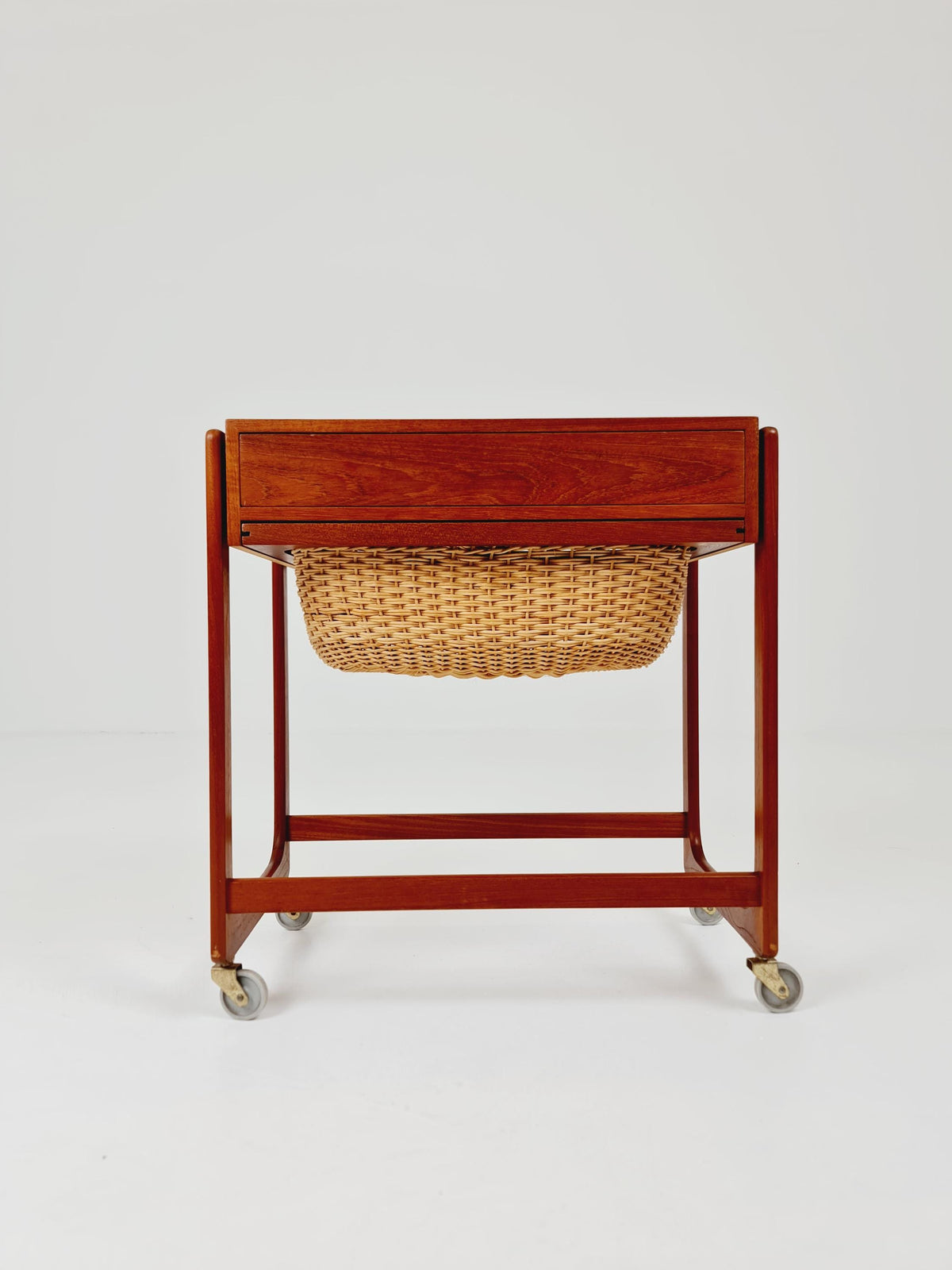 Vintage Danish teak and rattan sewing table/ side table cabinet By BR Gelsted , 1960s