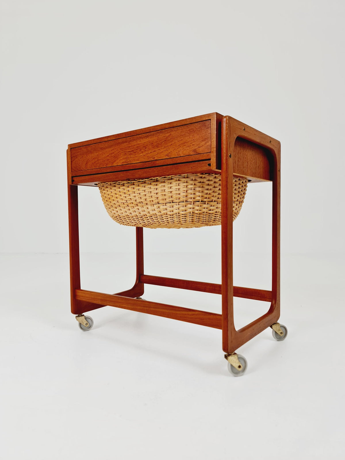 Vintage Danish teak and rattan sewing table/ side table cabinet By BR Gelsted , 1960s
