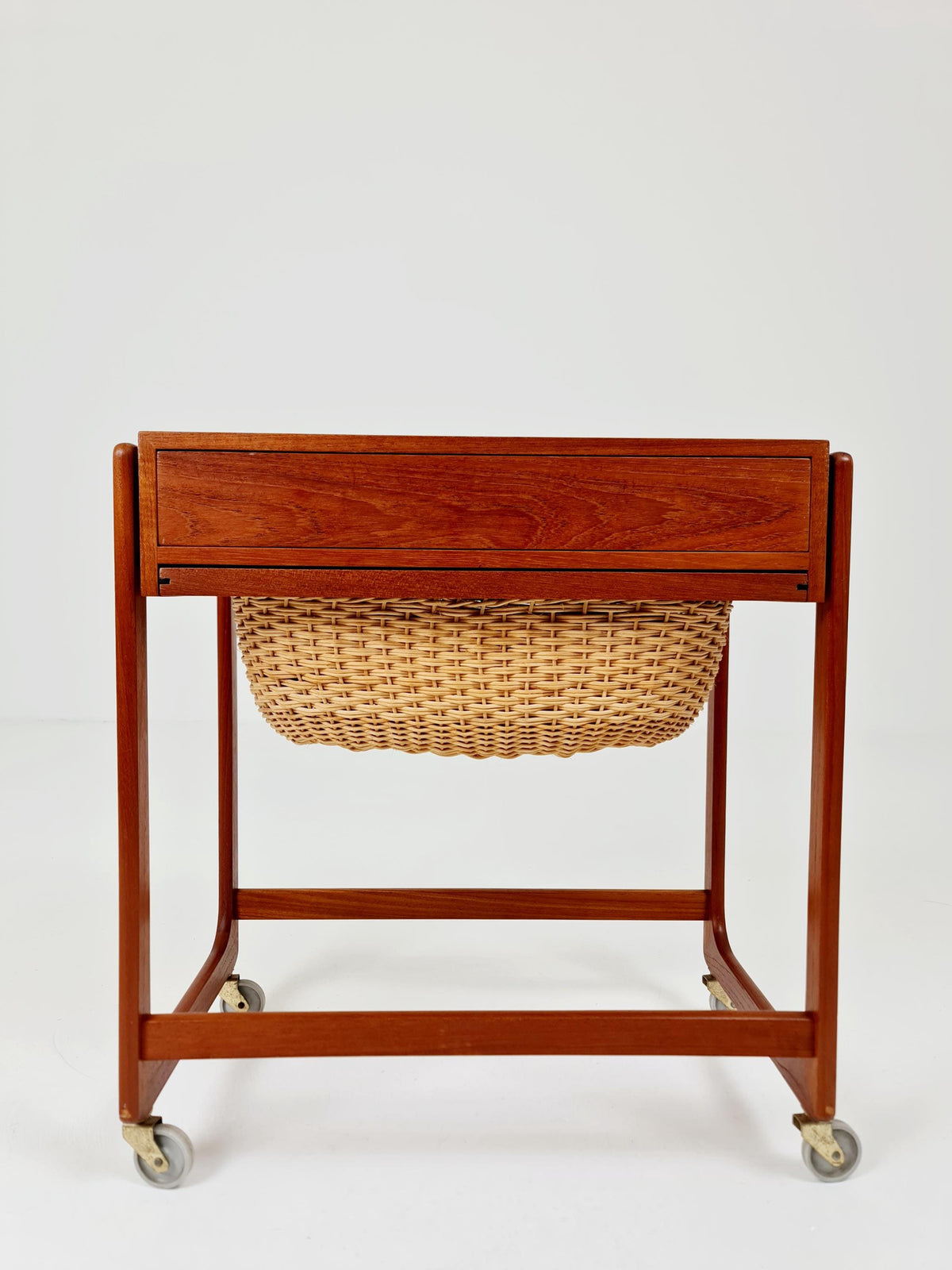 Vintage Danish teak and rattan sewing table/ side table cabinet By BR Gelsted , 1960s