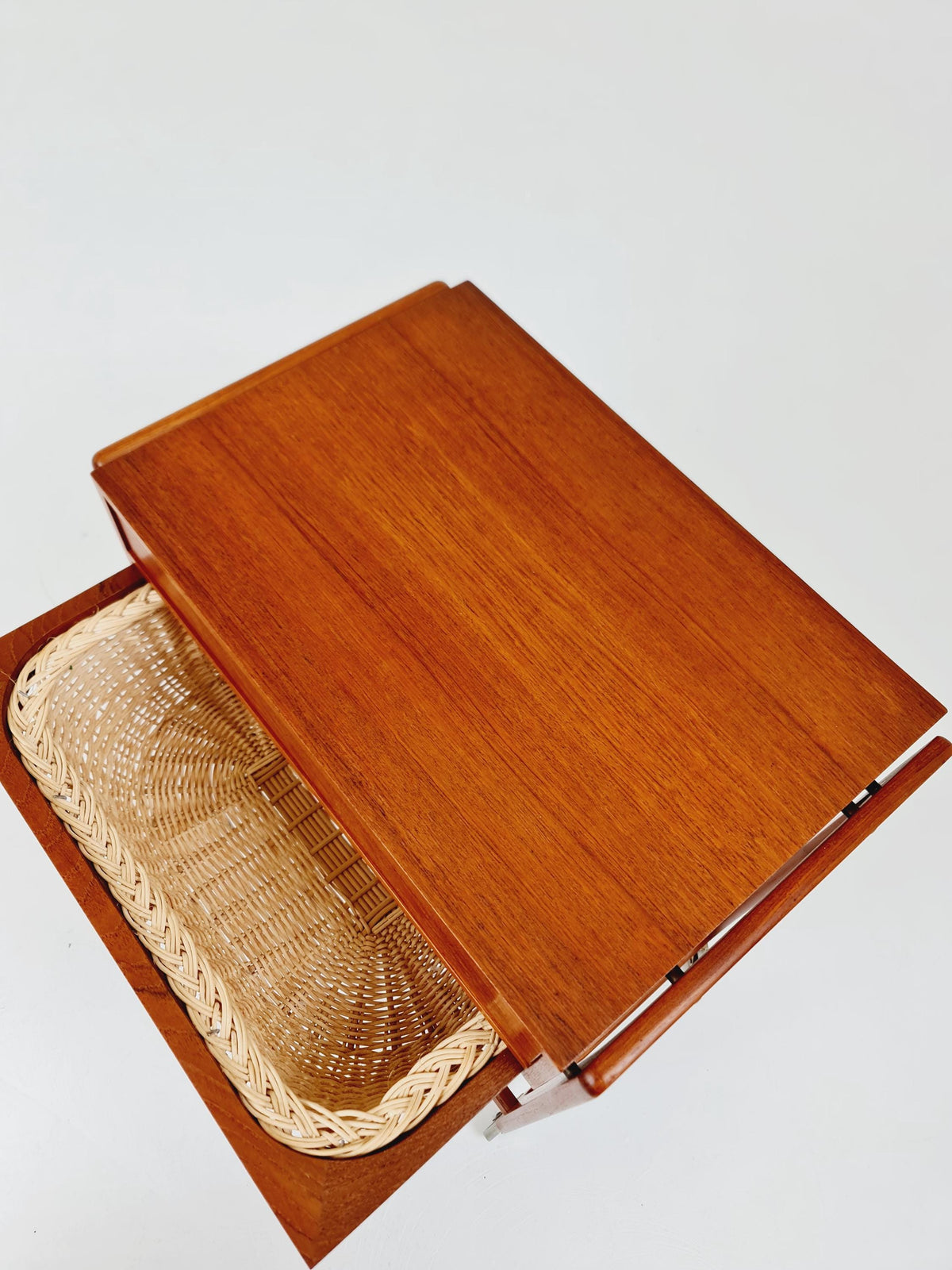 Vintage Danish teak and rattan sewing table/ side table cabinet By BR Gelsted , 1960s