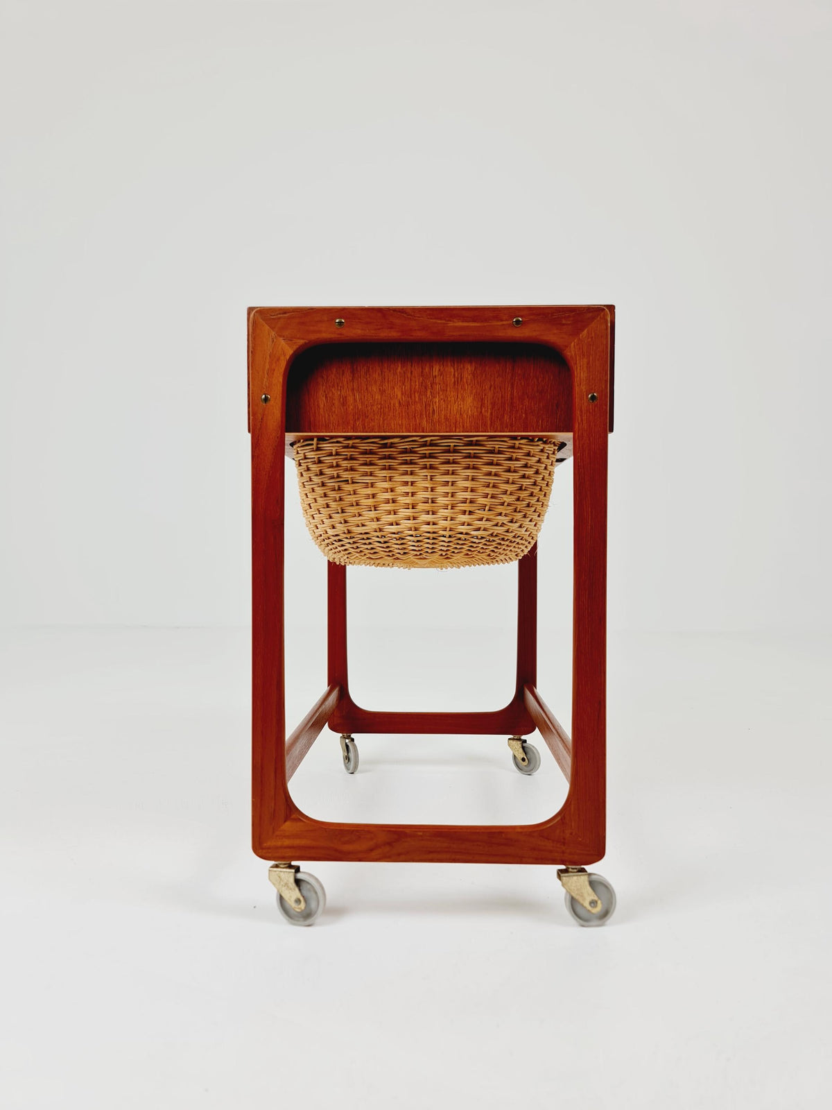 Vintage Danish teak and rattan sewing table/ side table cabinet By BR Gelsted , 1960s
