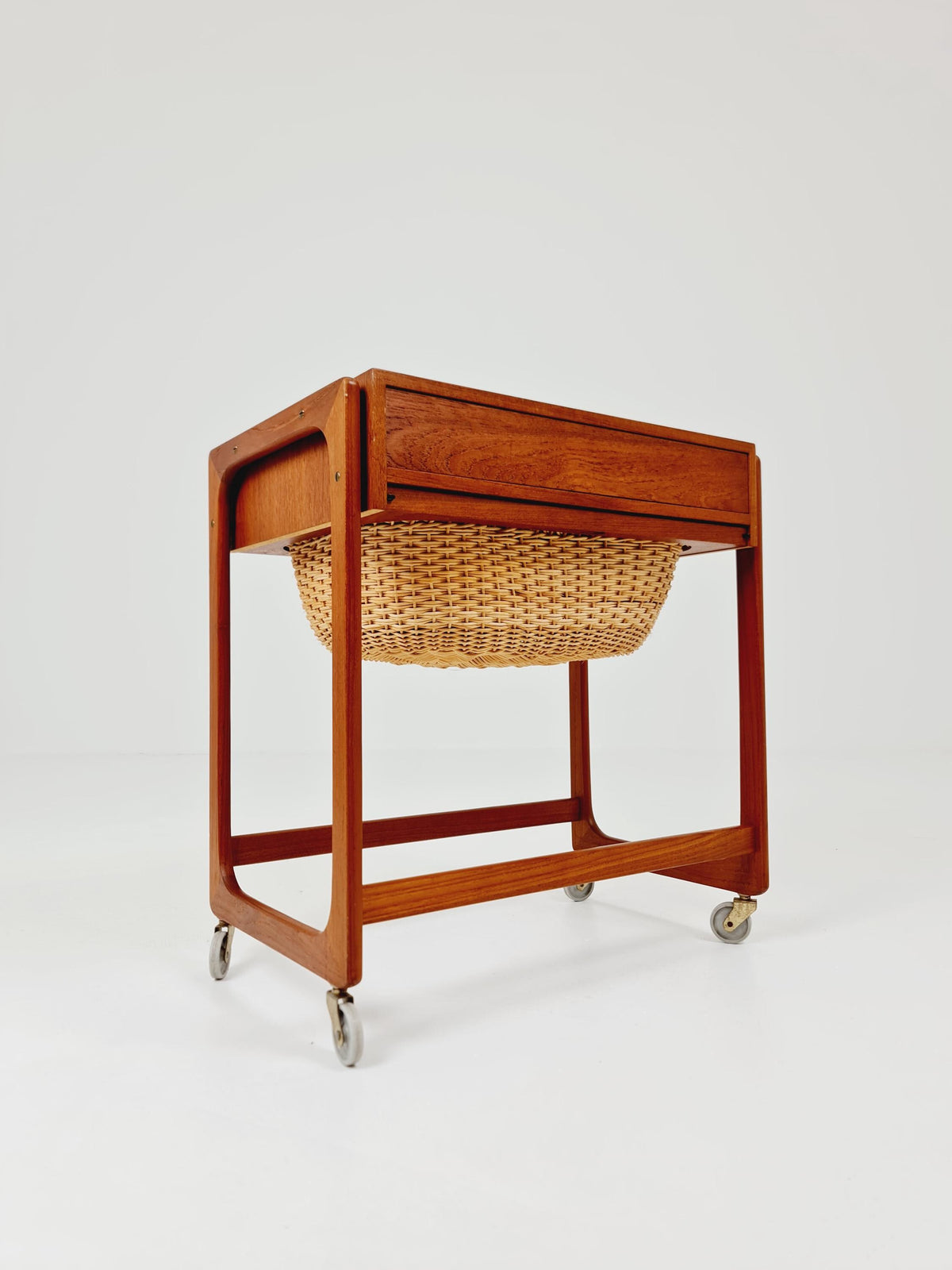 Vintage Danish teak and rattan sewing table/ side table cabinet By BR Gelsted , 1960s