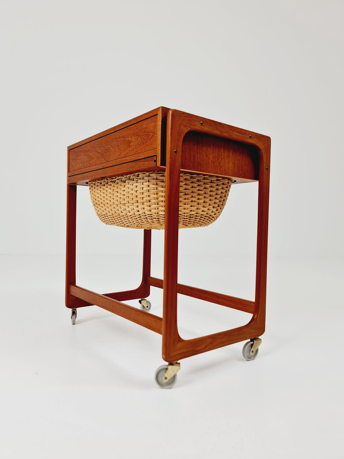 Vintage Danish teak and rattan sewing table/ side table cabinet By BR Gelsted , 1960s