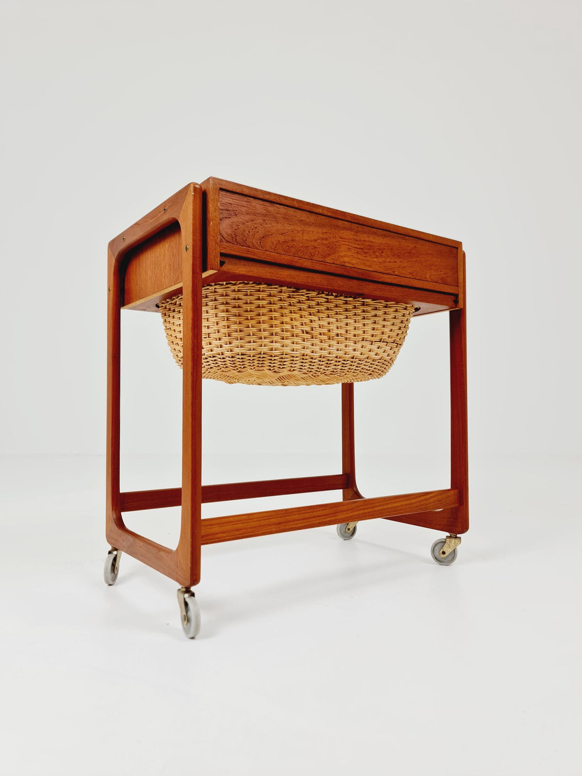 Vintage Danish teak and rattan sewing table/ side table cabinet By BR Gelsted , 1960s