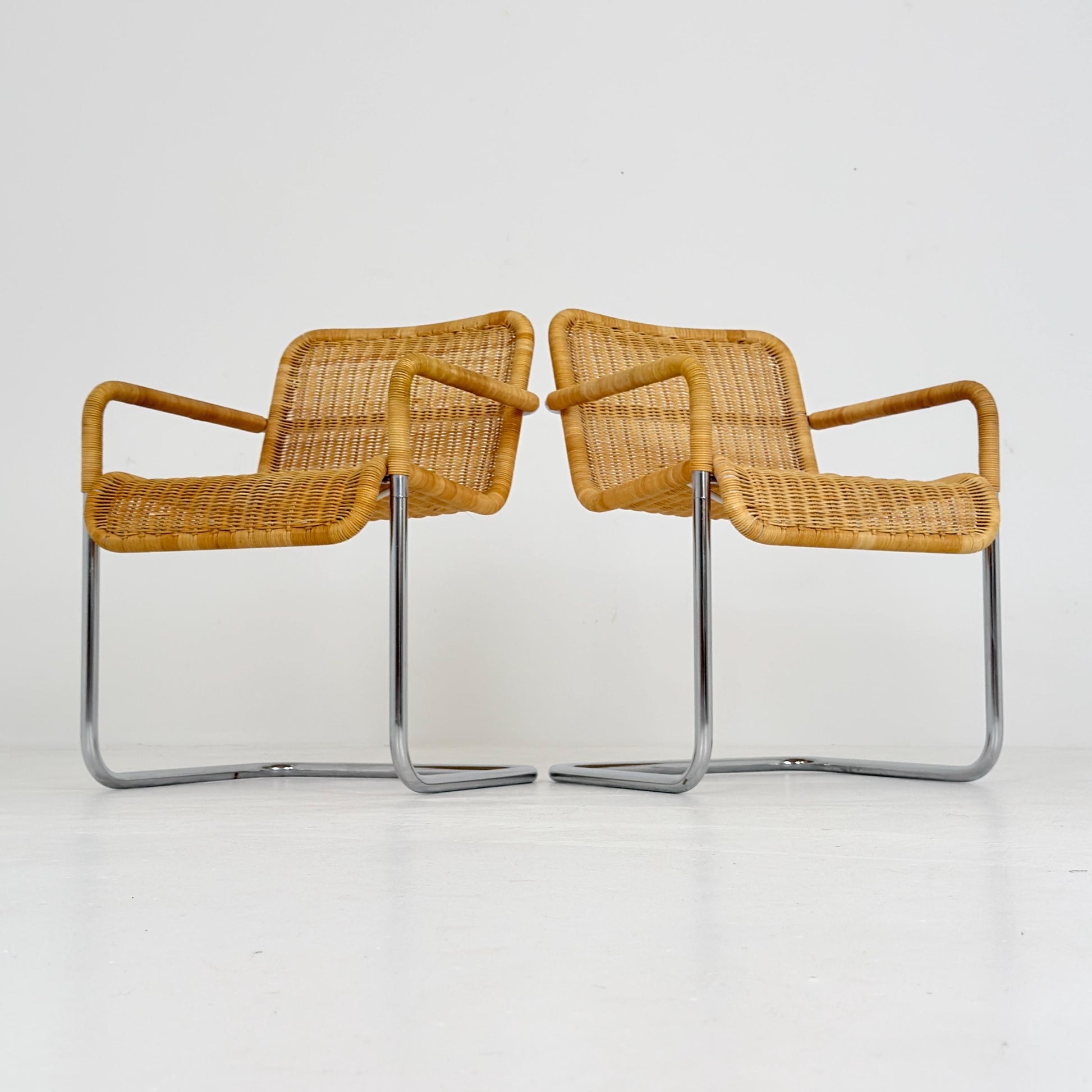 Set of 2 Mid Century Modern D41 Bauhaus Armchairs | Anton Lorenz Design | Natural Wicker & Chrome | for Tecta Germany 1980s
