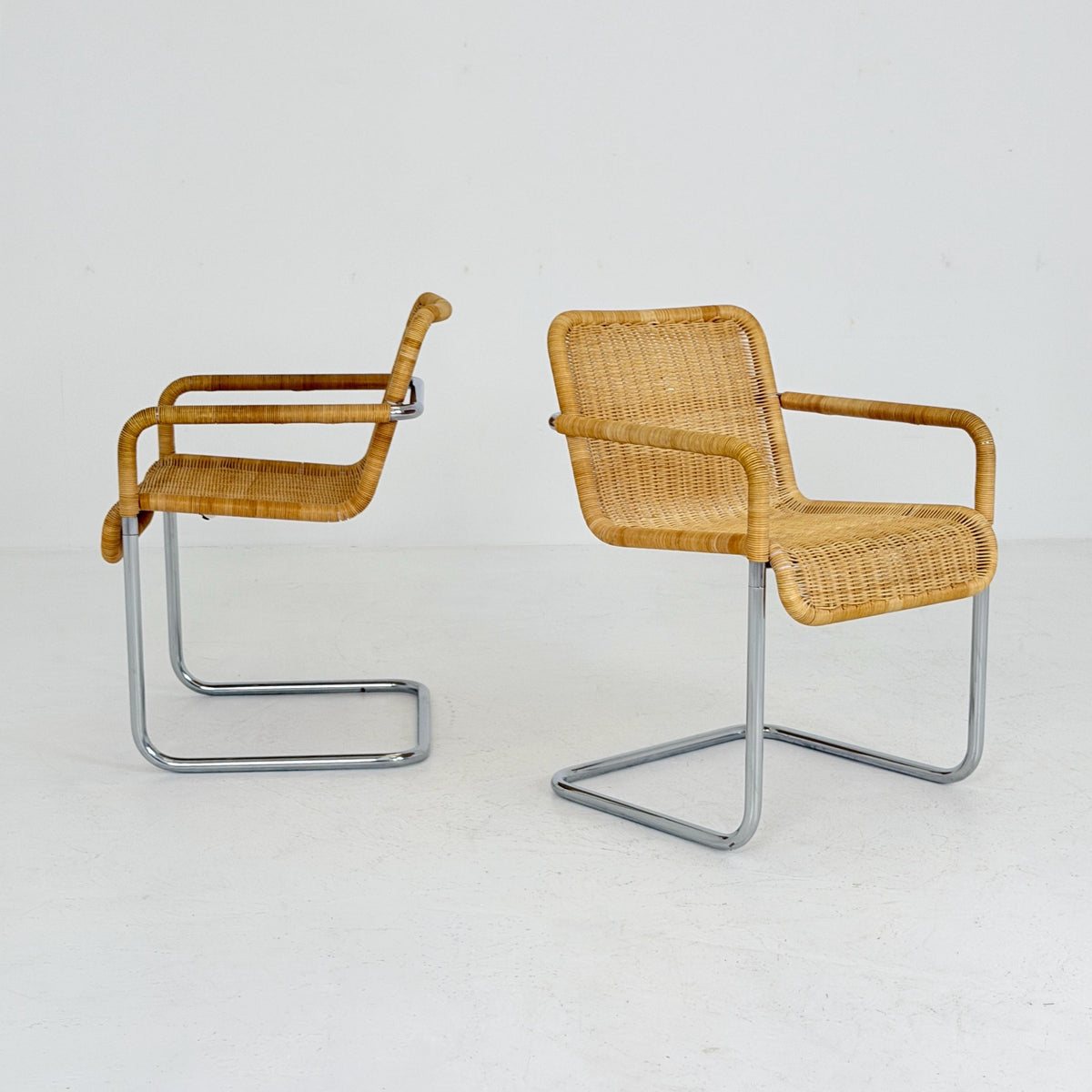 Set of 2 Mid Century Modern D41 Bauhaus Armchairs | Anton Lorenz Design | Natural Wicker & Chrome | for Tecta Germany 1980s