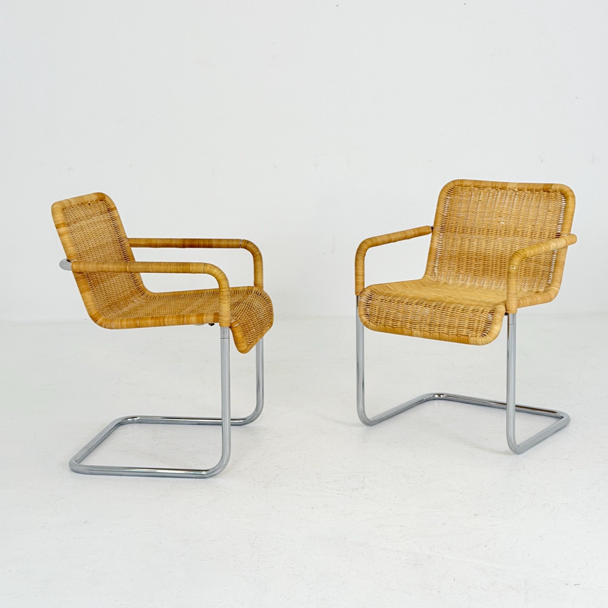 Set of 2 Mid Century Modern D41 Bauhaus Armchairs | Anton Lorenz Design | Natural Wicker & Chrome | for Tecta Germany 1980s