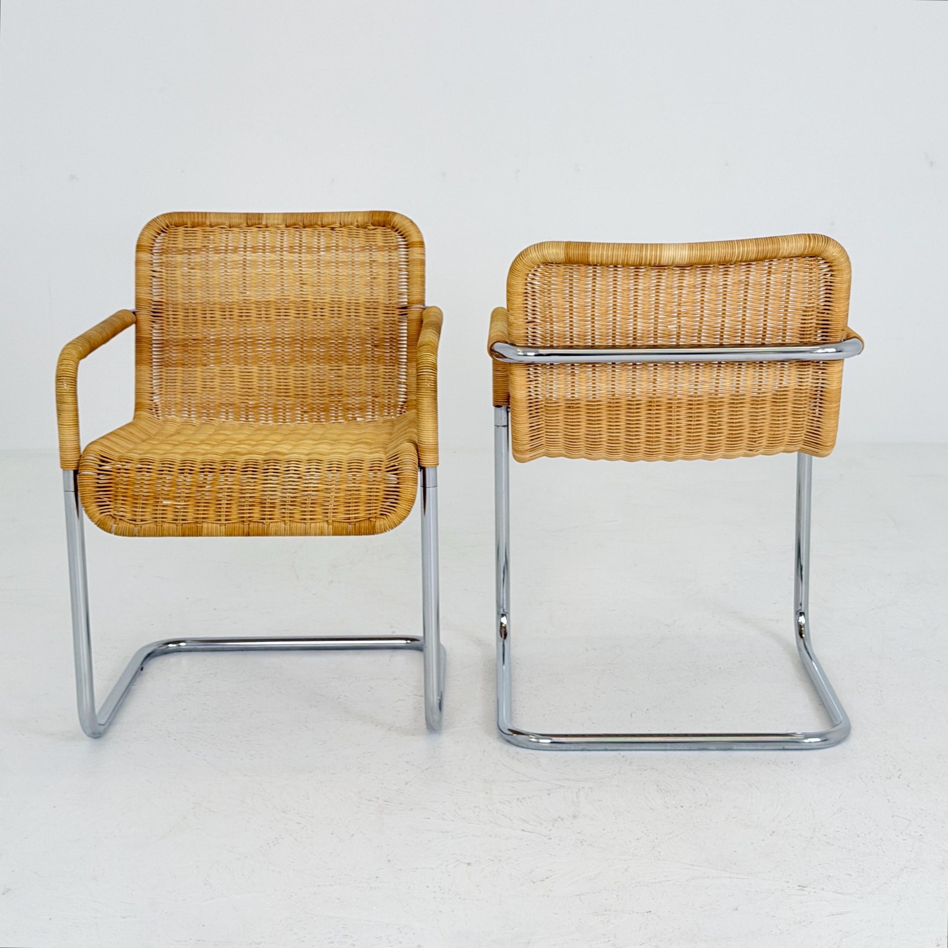Set of 2 Mid Century Modern D41 Bauhaus Armchairs | Anton Lorenz Design | Natural Wicker & Chrome | for Tecta Germany 1980s