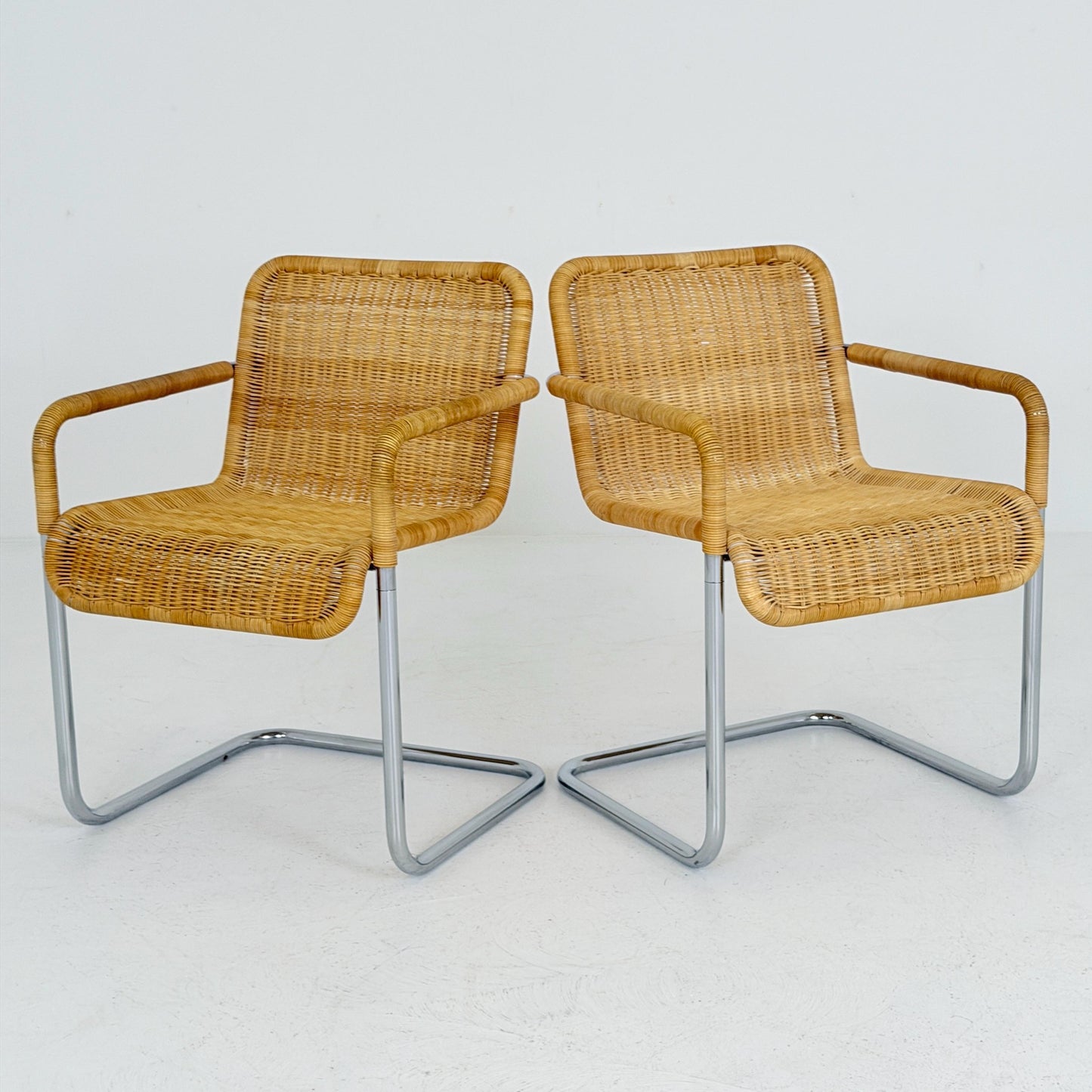 Set of 2 Mid Century Modern D41 Bauhaus Armchairs | Anton Lorenz Design | Natural Wicker & Chrome | for Tecta Germany 1980s