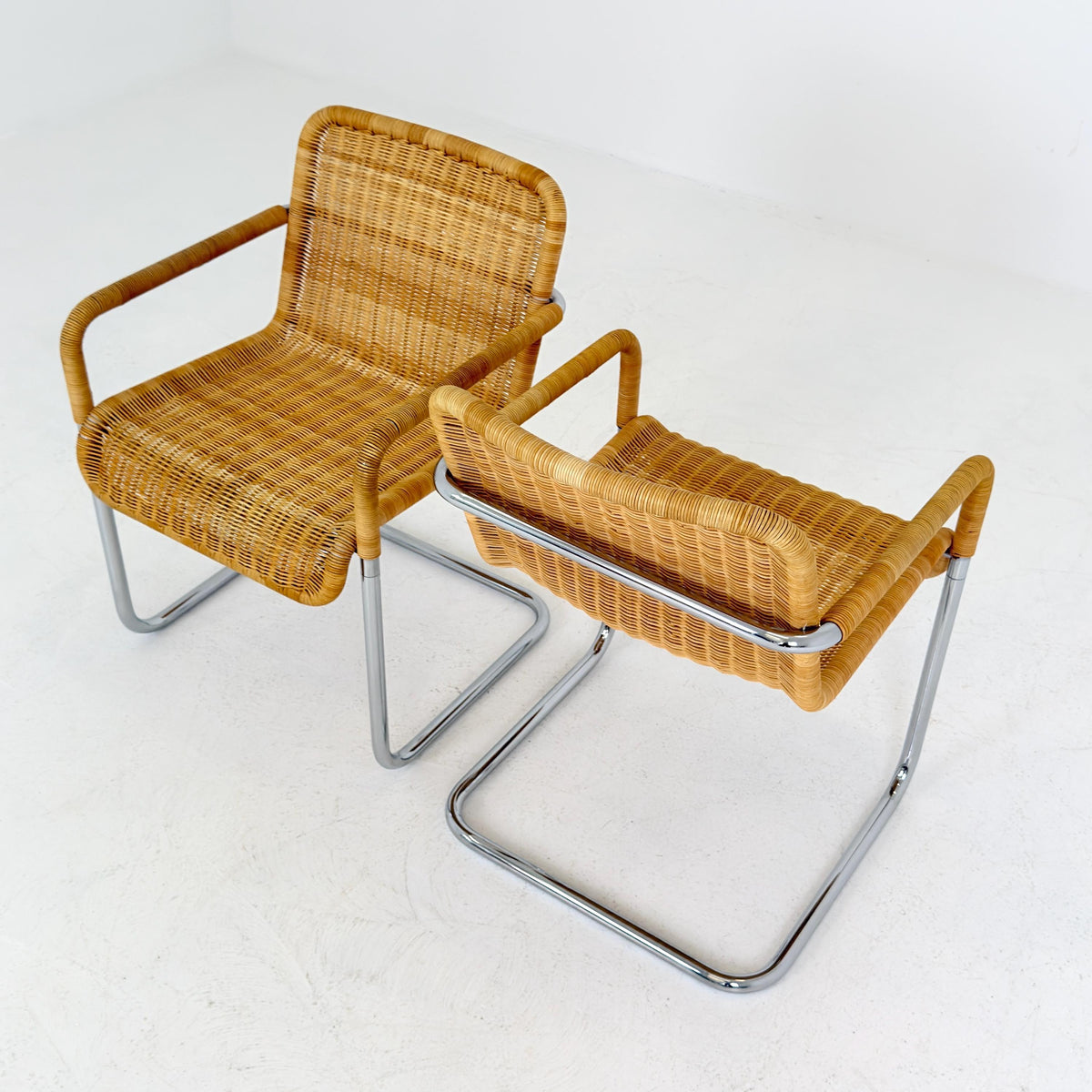 Set of 2 Mid Century Modern D41 Bauhaus Armchairs | Anton Lorenz Design | Natural Wicker & Chrome | for Tecta Germany 1980s