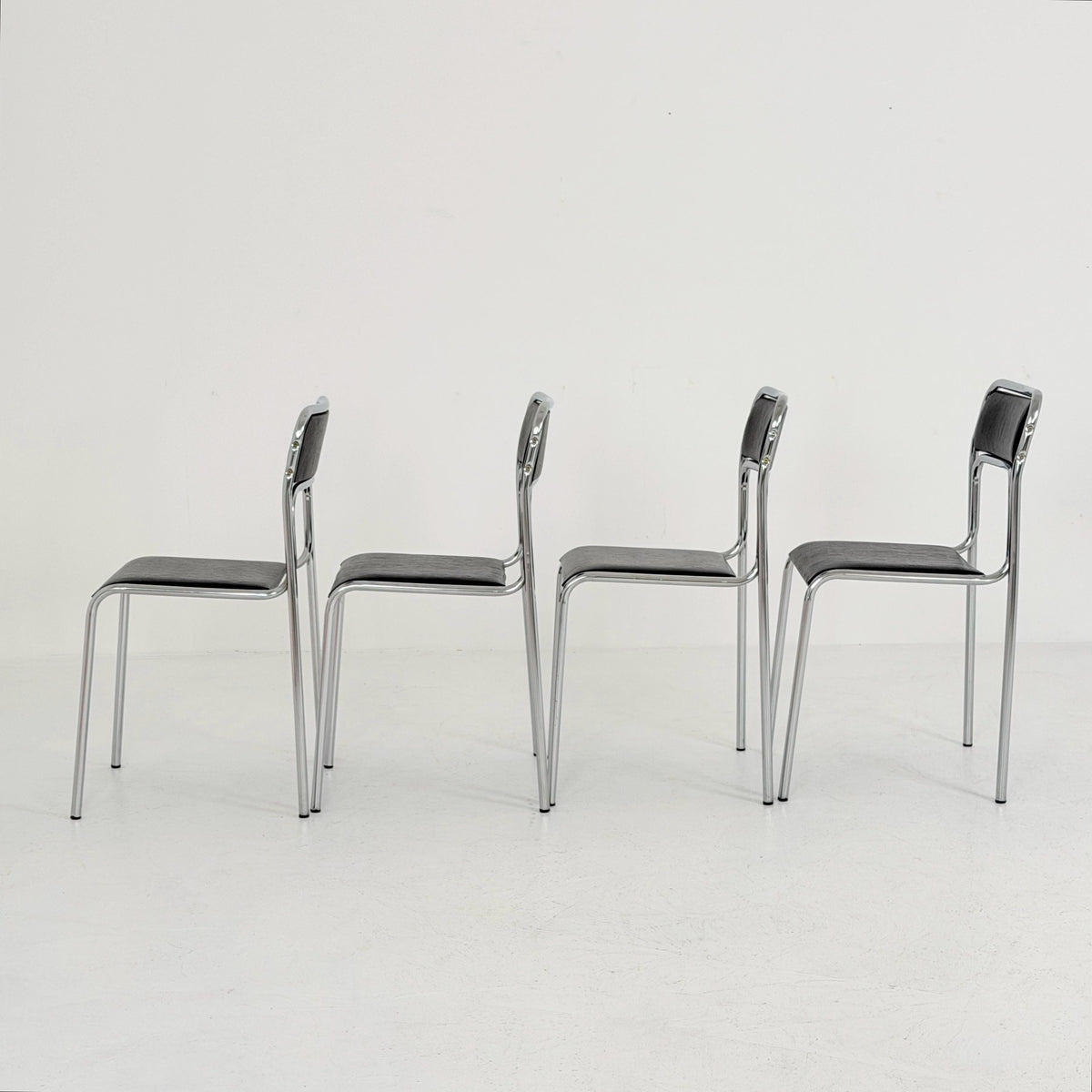 Set of 4 Mid Century Bauhaus minimalistic Tubular Chairs | Black Faux Leather | Minimalist Stackable Chair | 1980s Italy