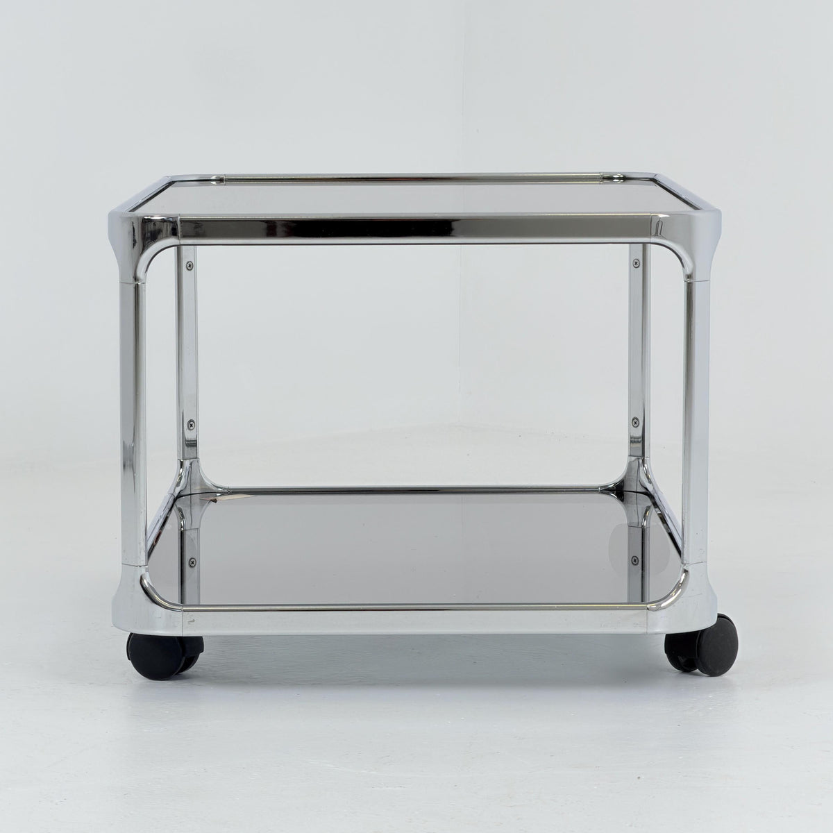 Mid century modern Bauhaus Smoked Glass Bar Cart | Planilux Grey Glass & Chrome Italy 1980s
