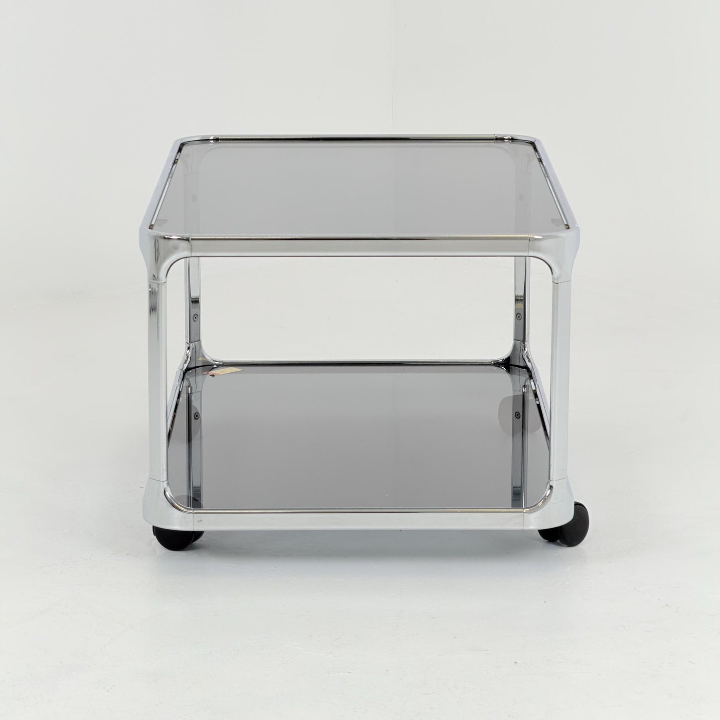 Mid century modern Bauhaus Smoked Glass Bar Cart | Planilux Grey Glass & Chrome Italy 1980s