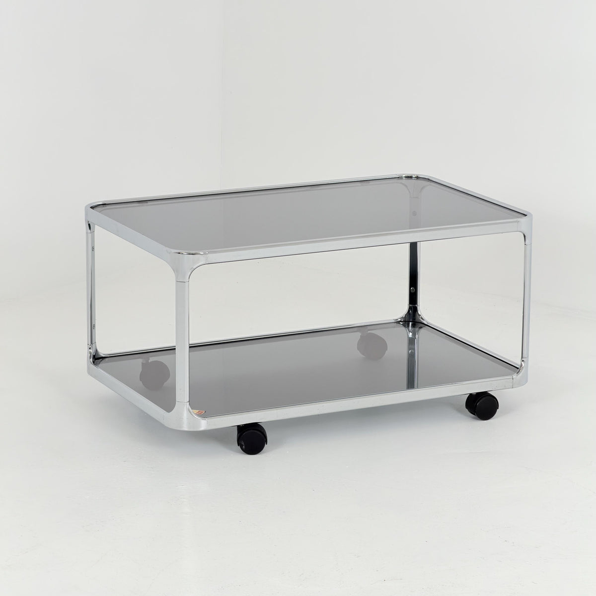 Mid century modern Bauhaus Smoked Glass Bar Cart | Planilux Grey Glass & Chrome Italy 1980s