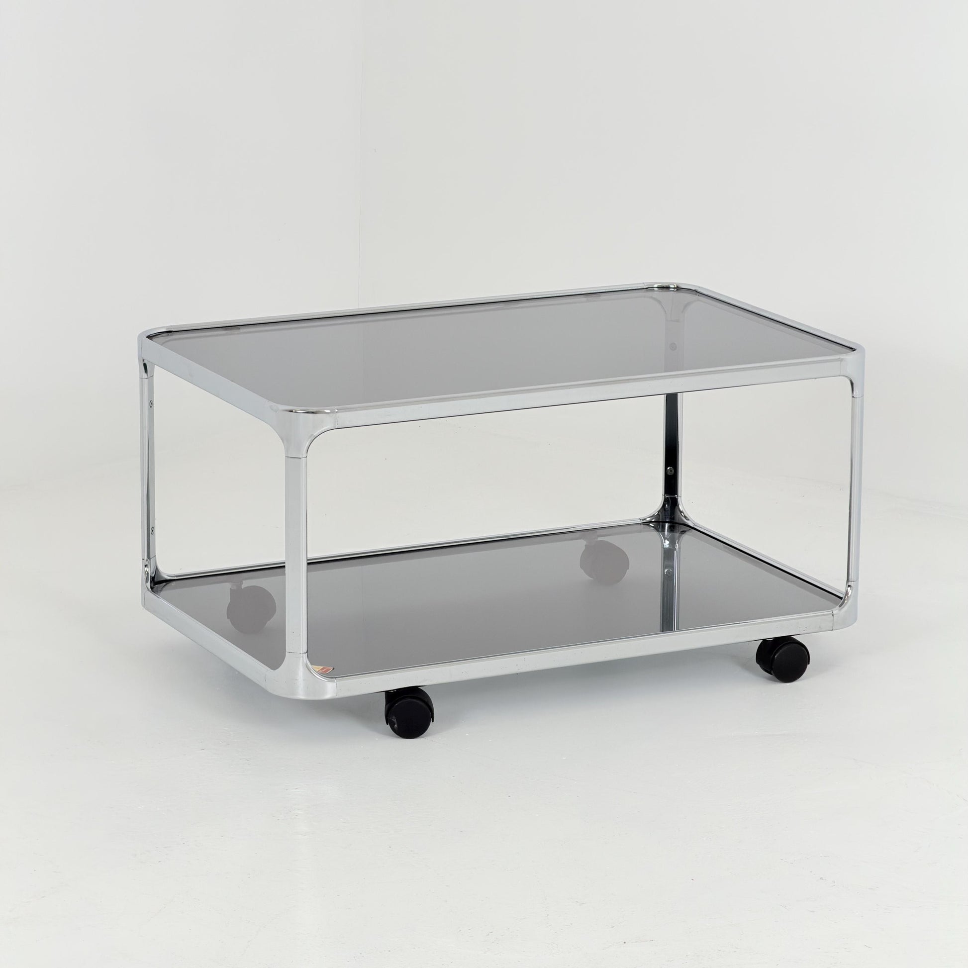 Mid century modern Bauhaus Smoked Glass Bar Cart | Planilux Grey Glass & Chrome Italy 1980s