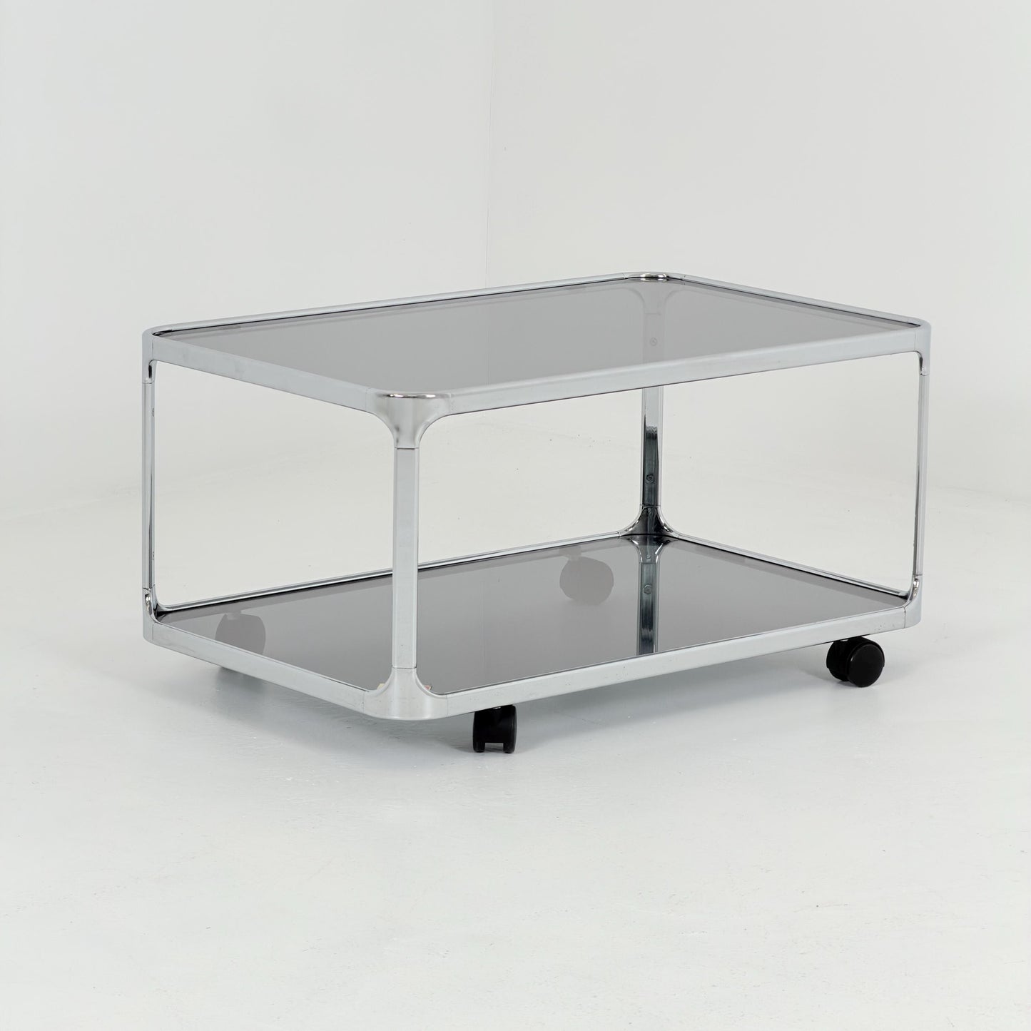 Mid century modern Bauhaus Smoked Glass Bar Cart | Planilux Grey Glass & Chrome Italy 1980s