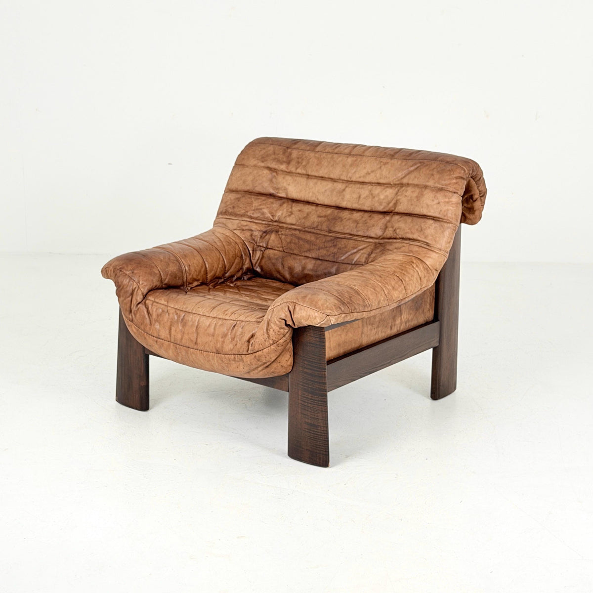 Mid Century Brutalist Lounge Chair, Vintage Cognac Leather Armchair, Solid Wood Frame, German Design, 1970s
