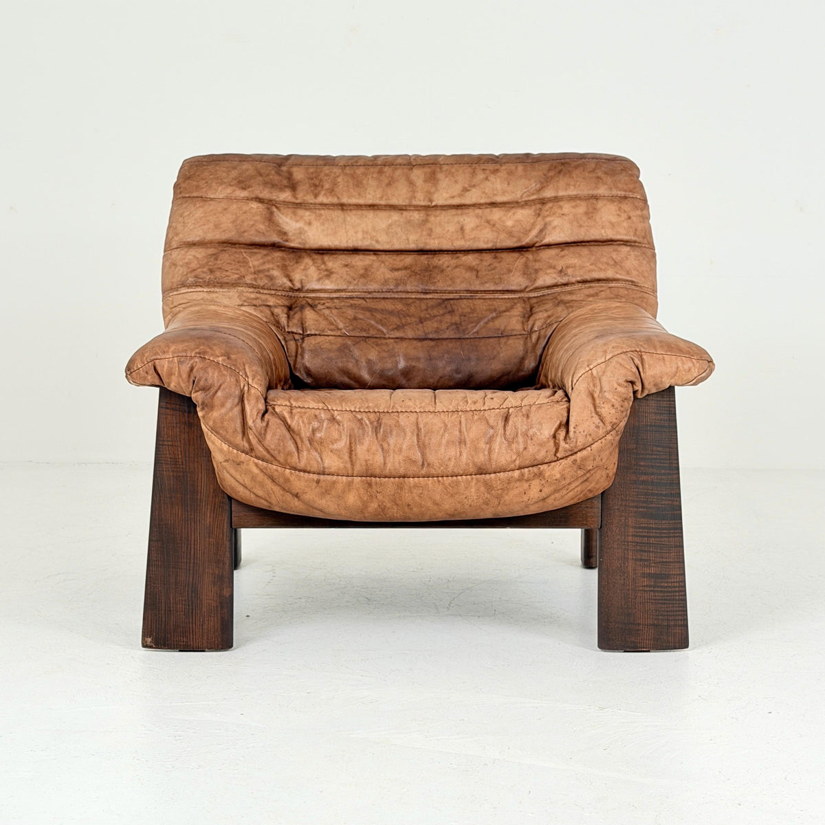 Mid Century Brutalist Lounge Chair, Vintage Cognac Leather Armchair, Solid Wood Frame, German Design, 1970s