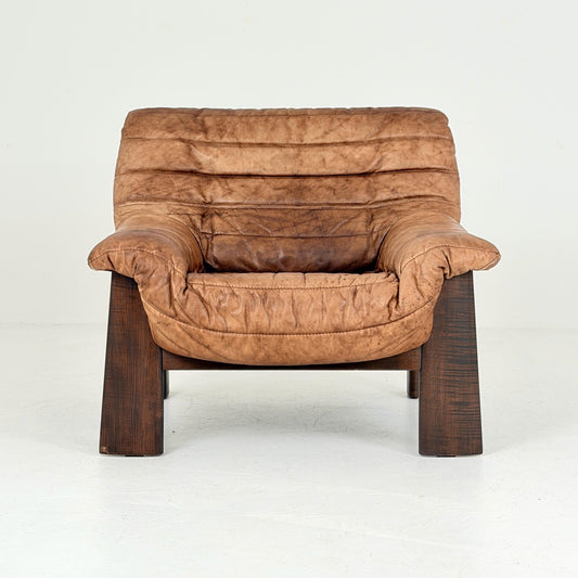 Mid Century Brutalist Lounge Chair, Vintage Cognac Leather Armchair, Solid Wood Frame, German Design, 1970s
