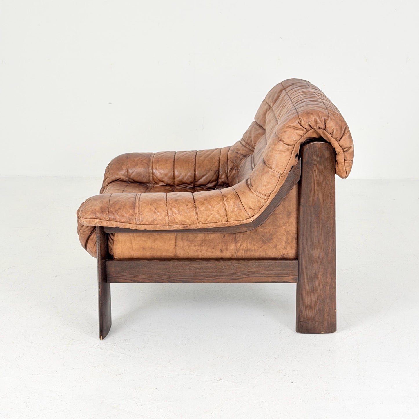 Mid Century Brutalist Lounge Chair, Vintage Cognac Leather Armchair, Solid Wood Frame, German Design, 1970s