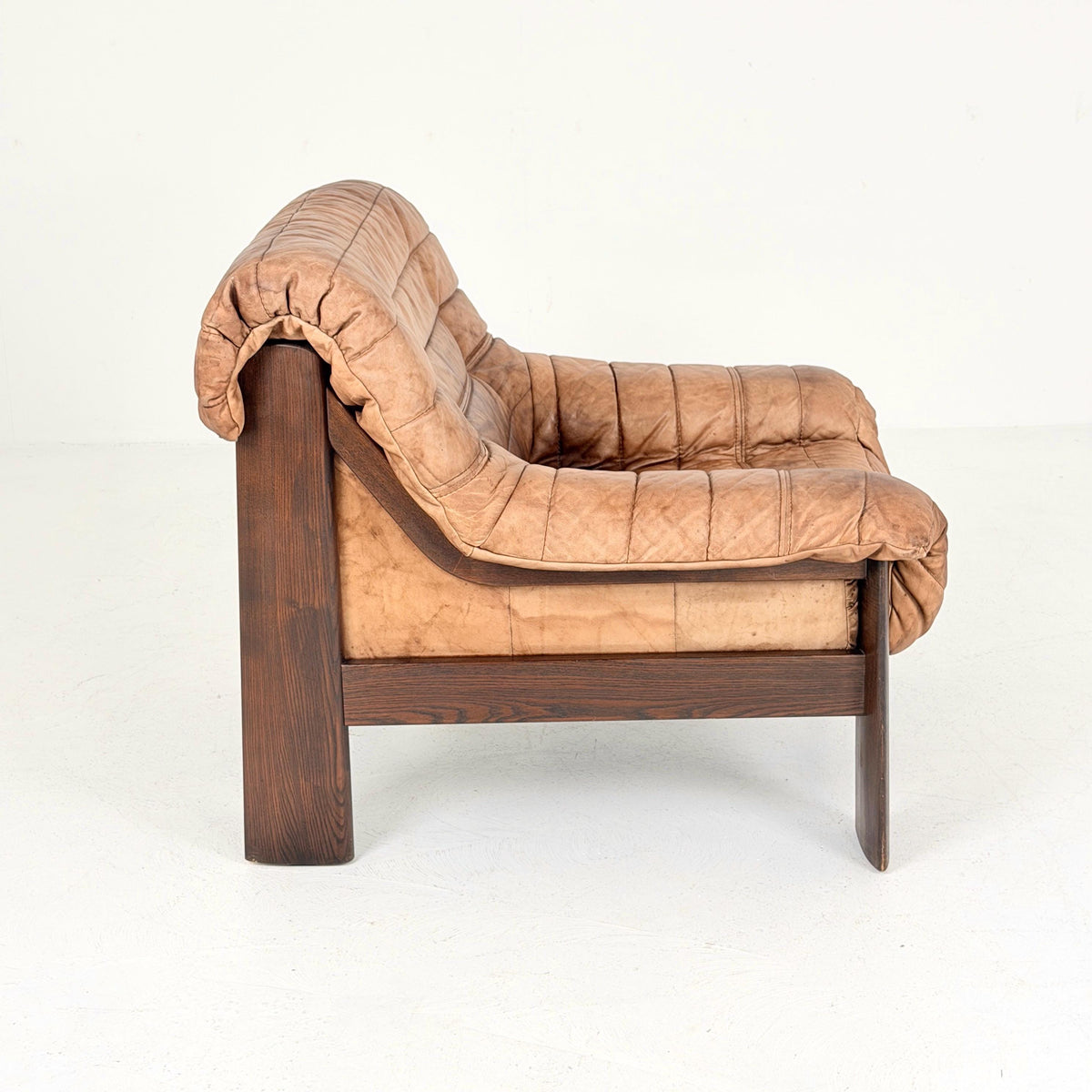 Mid Century Brutalist Lounge Chair, Vintage Cognac Leather Armchair, Solid Wood Frame, German Design, 1970s