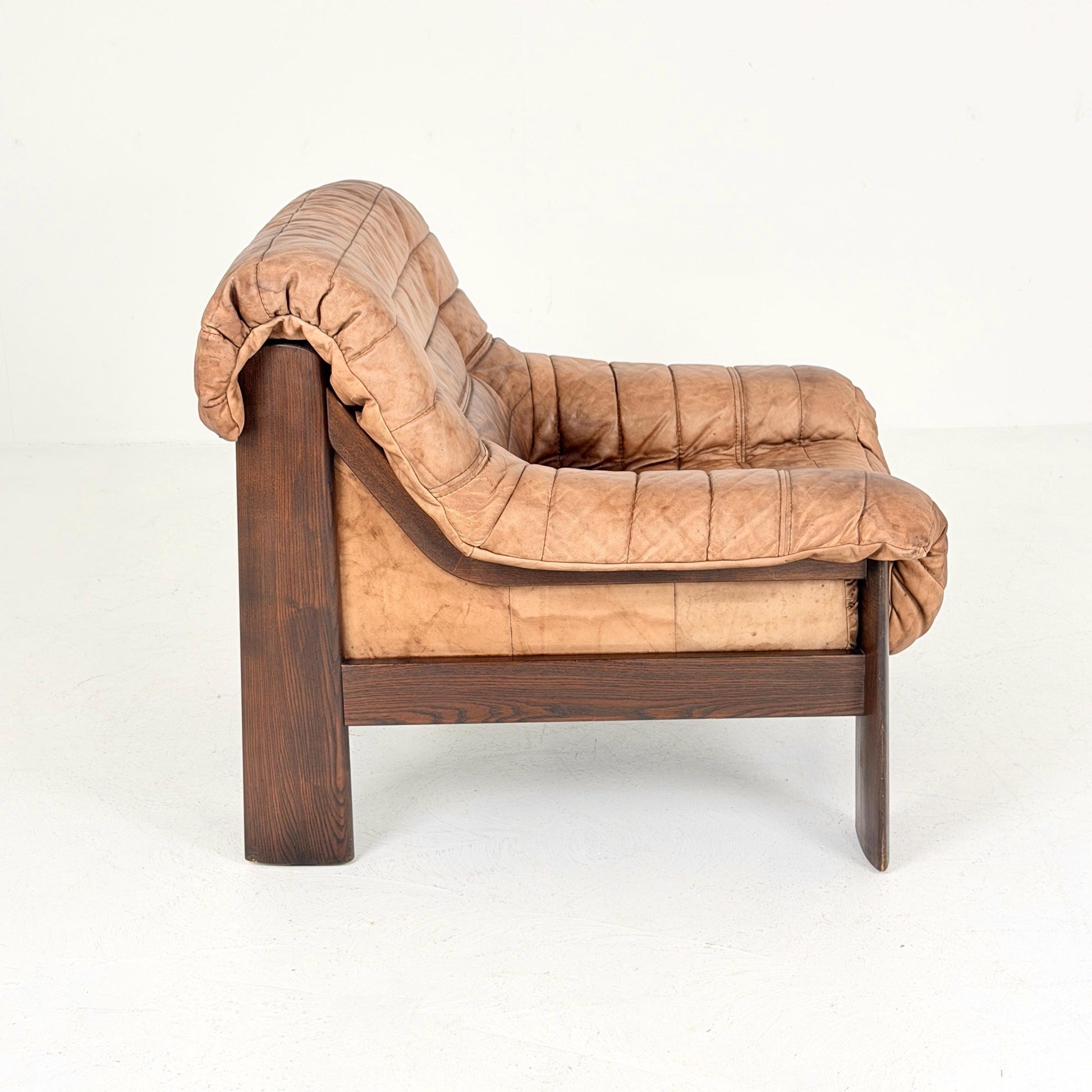 Mid Century Brutalist Lounge Chair, Vintage Cognac Leather Armchair, Solid Wood Frame, German Design, 1970s