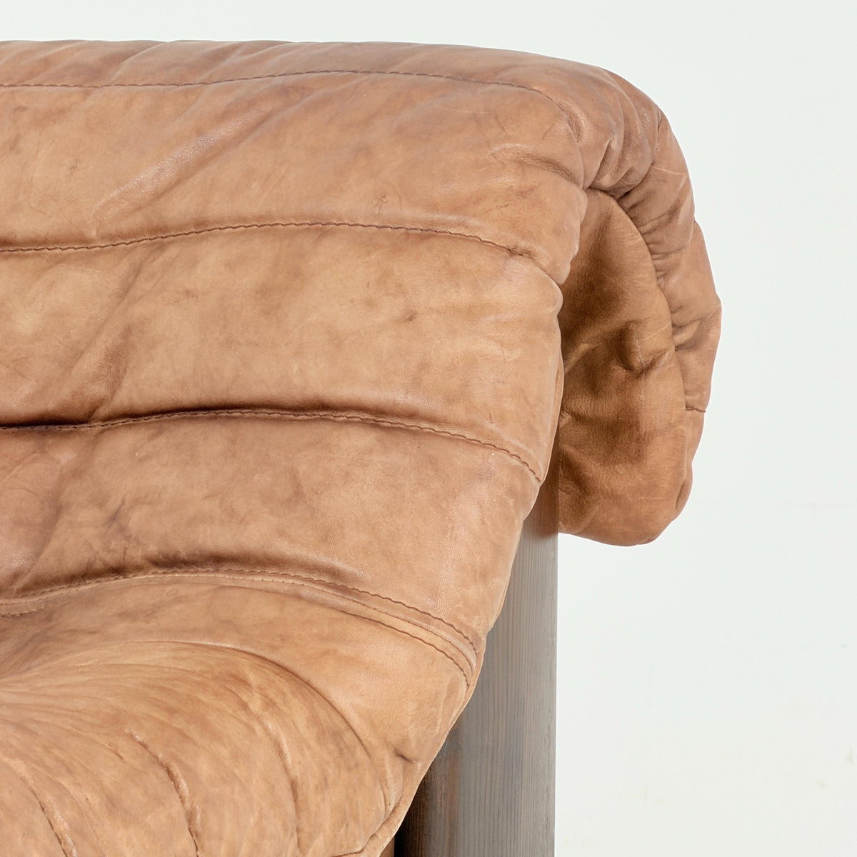 Mid Century Brutalist Lounge Chair, Vintage Cognac Leather Armchair, Solid Wood Frame, German Design, 1970s