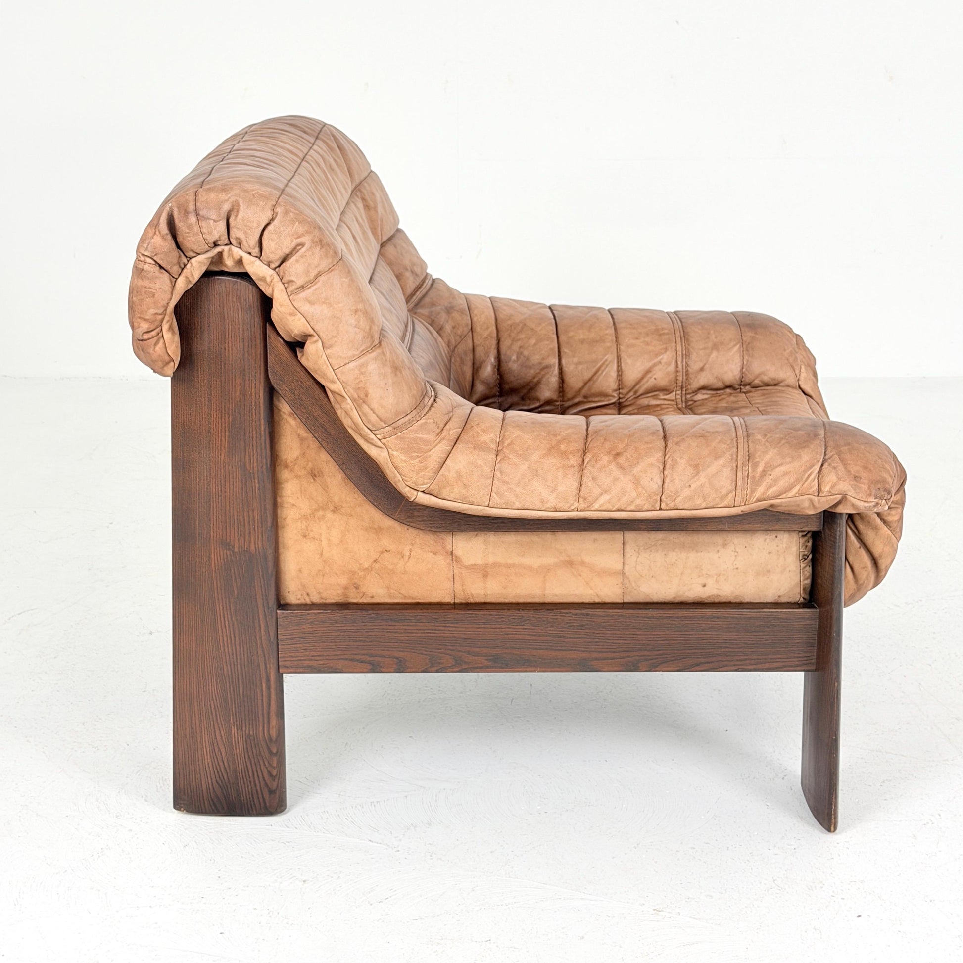 Mid Century Brutalist Lounge Chair, Vintage Cognac Leather Armchair, Solid Wood Frame, German Design, 1970s