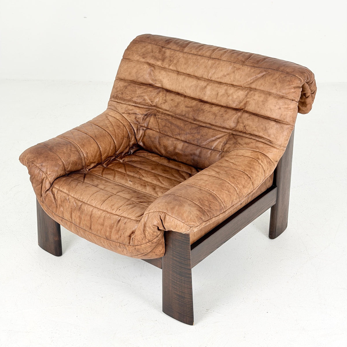 Mid Century Brutalist Lounge Chair, Vintage Cognac Leather Armchair, Solid Wood Frame, German Design, 1970s