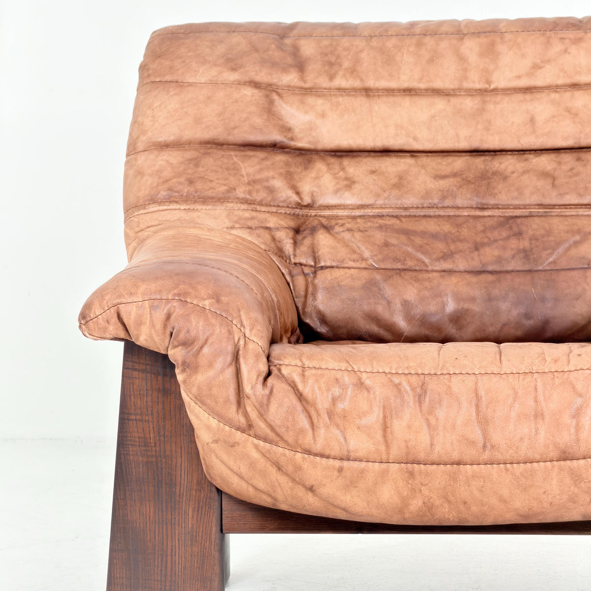 Mid Century Brutalist Lounge Chair, Vintage Cognac Leather Armchair, Solid Wood Frame, German Design, 1970s