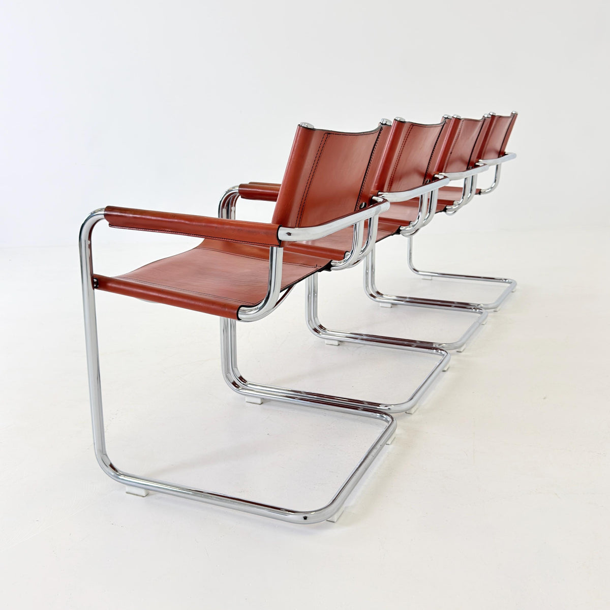 set of 4 Mid century Bauhaus Leather b34 armchairs by Mart Stam & Marcel Breuer for Fasem, Italy 1985