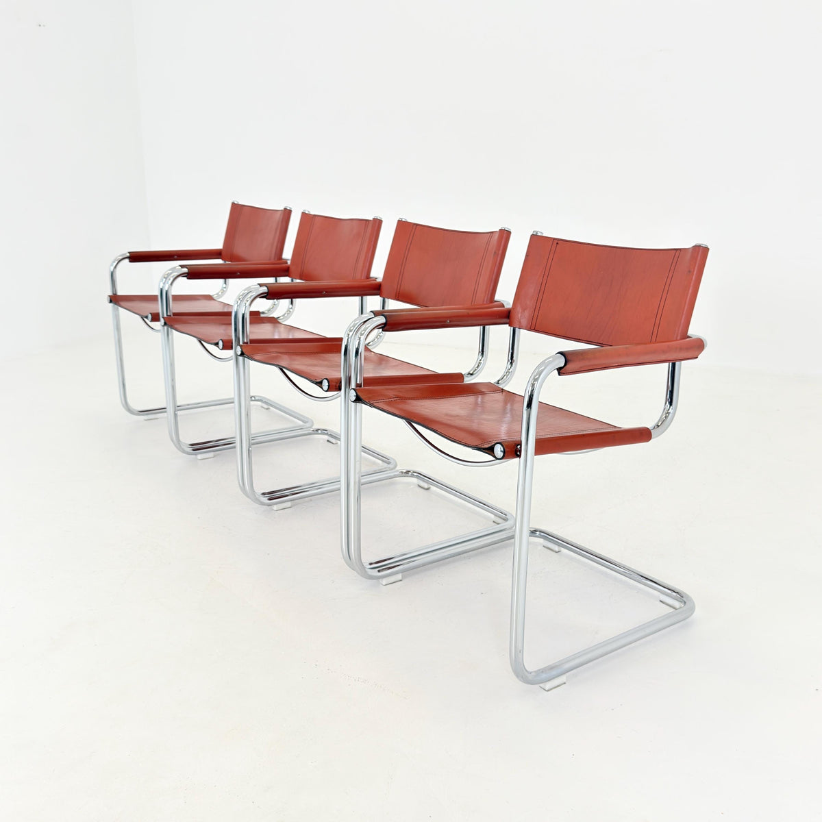 set of 4 Mid century Bauhaus Leather b34 armchairs by Mart Stam & Marcel Breuer for Fasem, Italy 1985