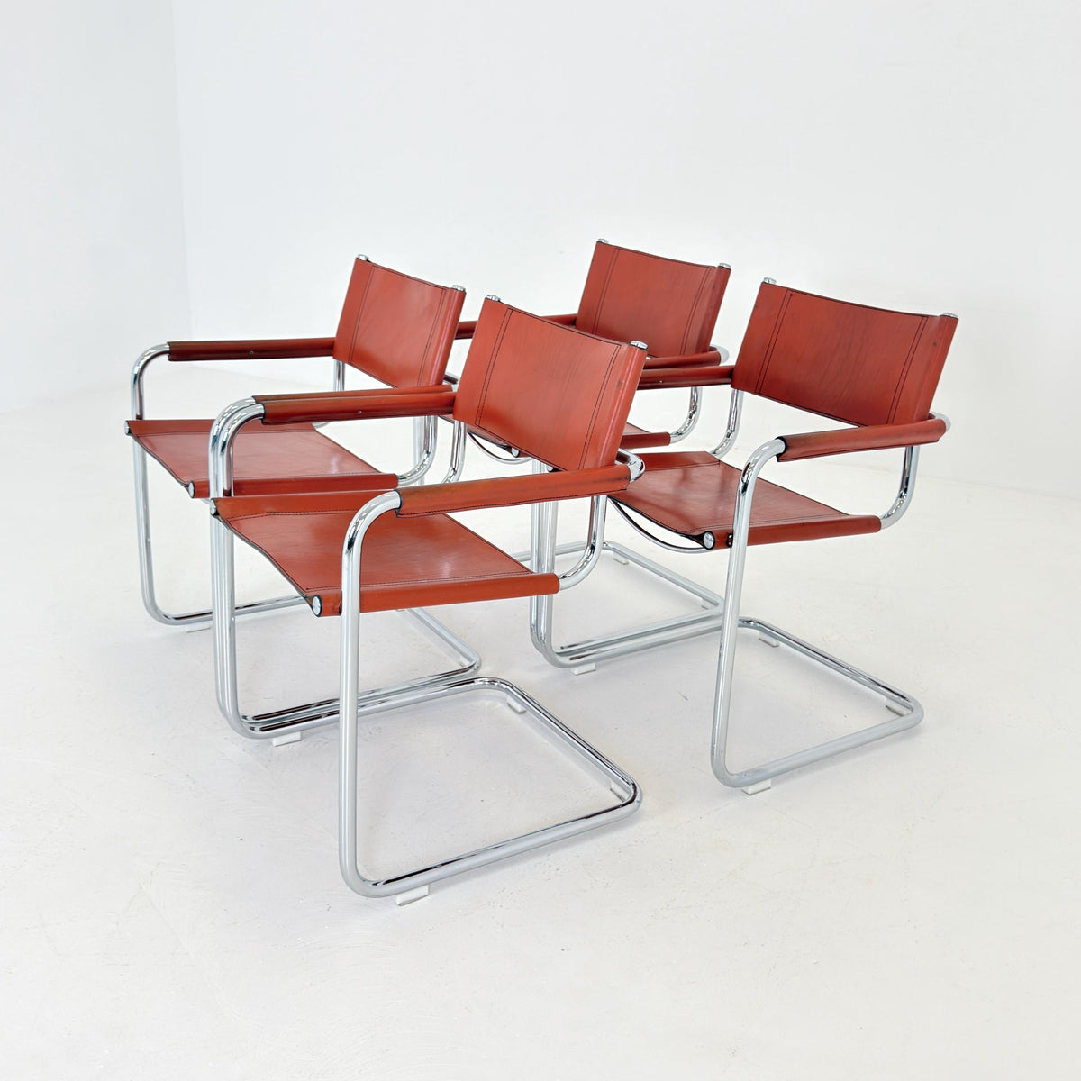 set of 4 Mid century Bauhaus Leather b34 armchairs by Mart Stam & Marcel Breuer for Fasem, Italy 1985
