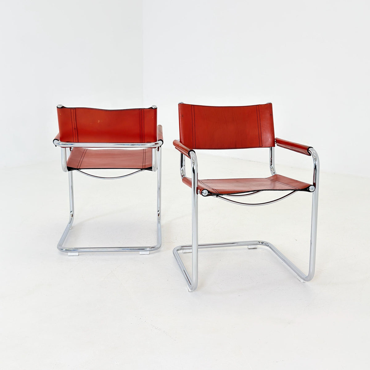 set of 2 Mid century Bauhaus Leather b34 armchairs by Mart Stam & Marcel Breuer for Fasem, Italy 1985