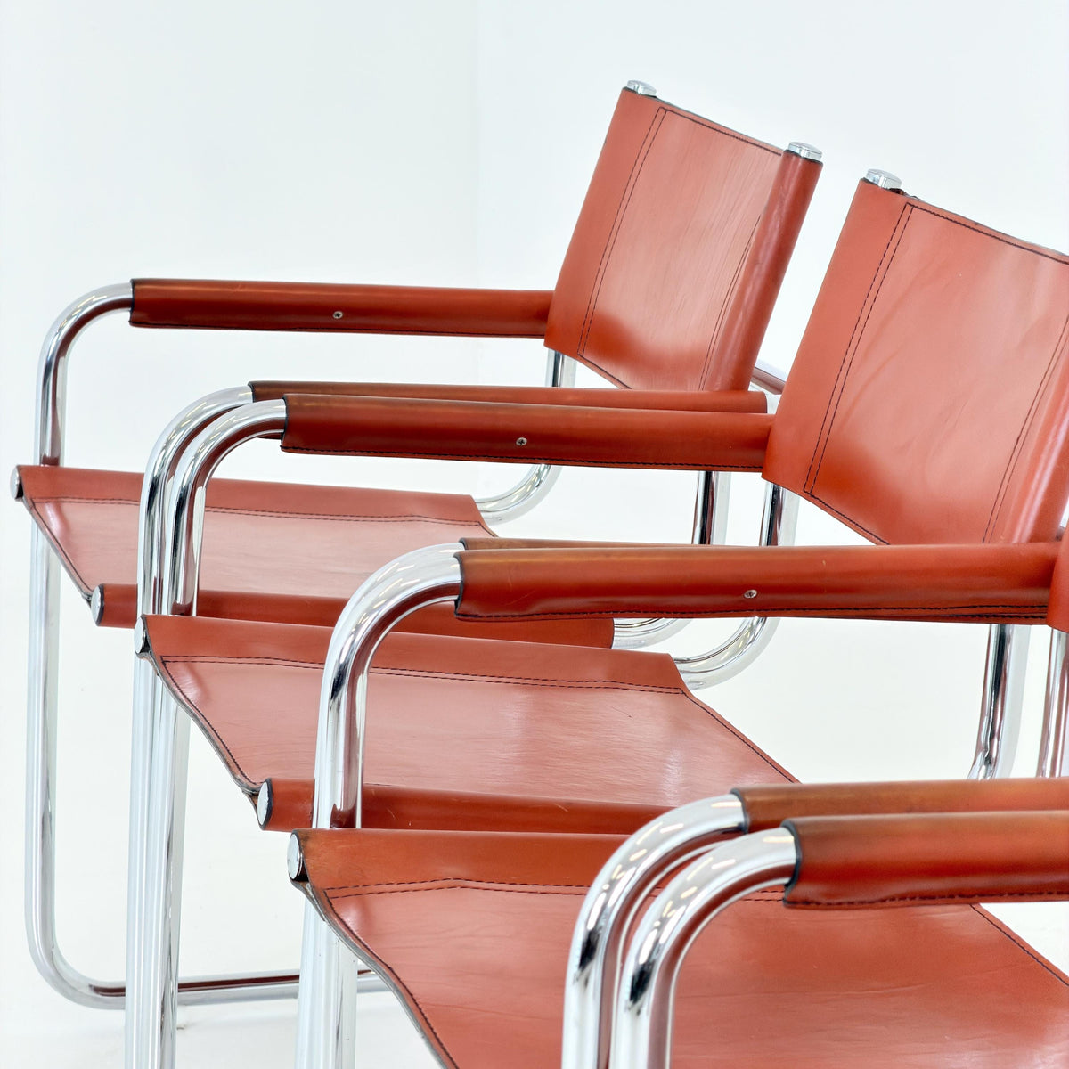 set of 2 Mid century Bauhaus Leather b34 armchairs by Mart Stam & Marcel Breuer for Fasem, Italy 1985