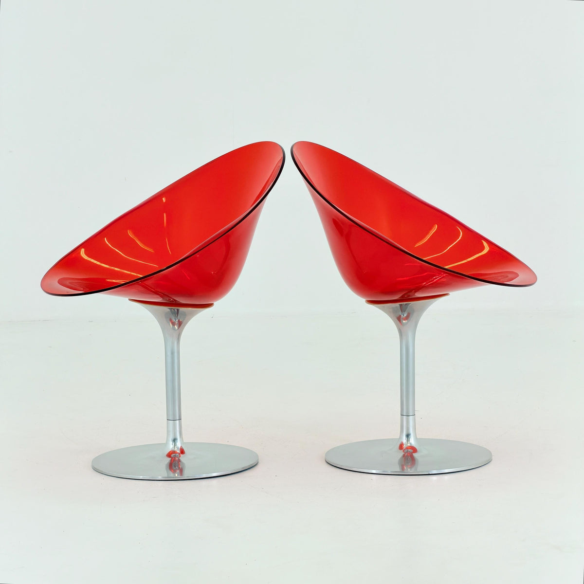 1 of 2 Mid Century Philippe Starck Eros Lounge Chair for Kartell, Red Plexiglass Swivel Armchair, 1990s Italy