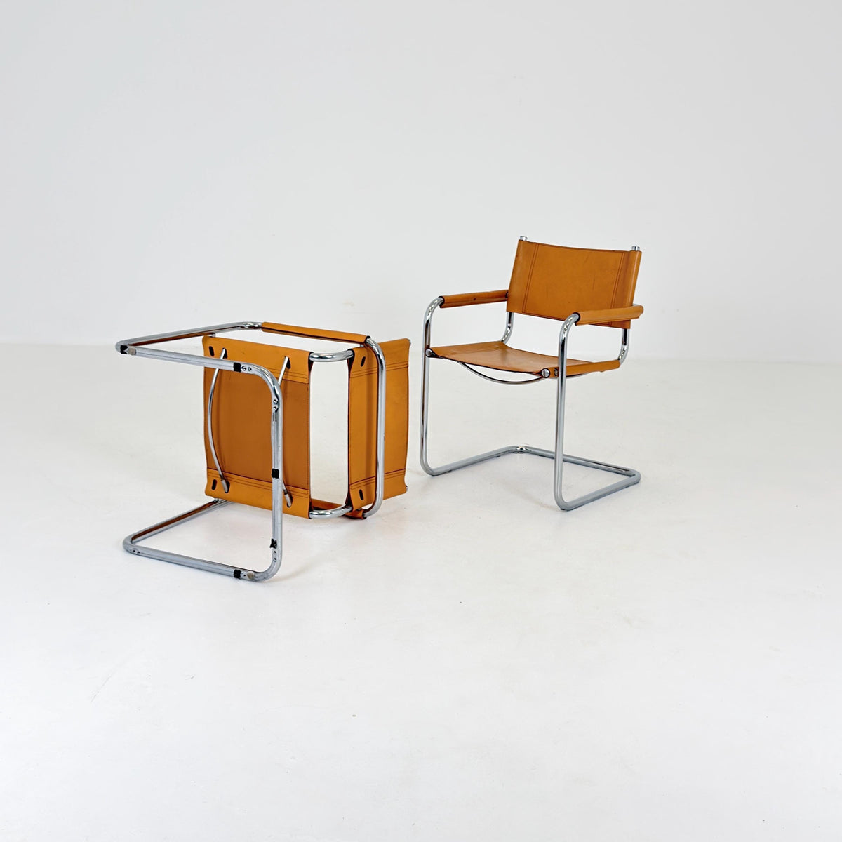 set of 2 Mid century Bauhaus Leather b34 armchairs by Mart Stam & Marcel Breuer for Fasem, Italy 1985