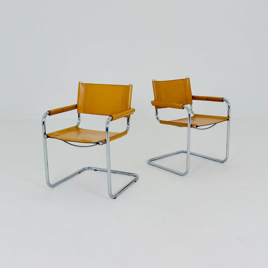 set of 2 Mid century Bauhaus Leather b34 armchairs by Mart Stam & Marcel Breuer for Fasem, Italy 1985