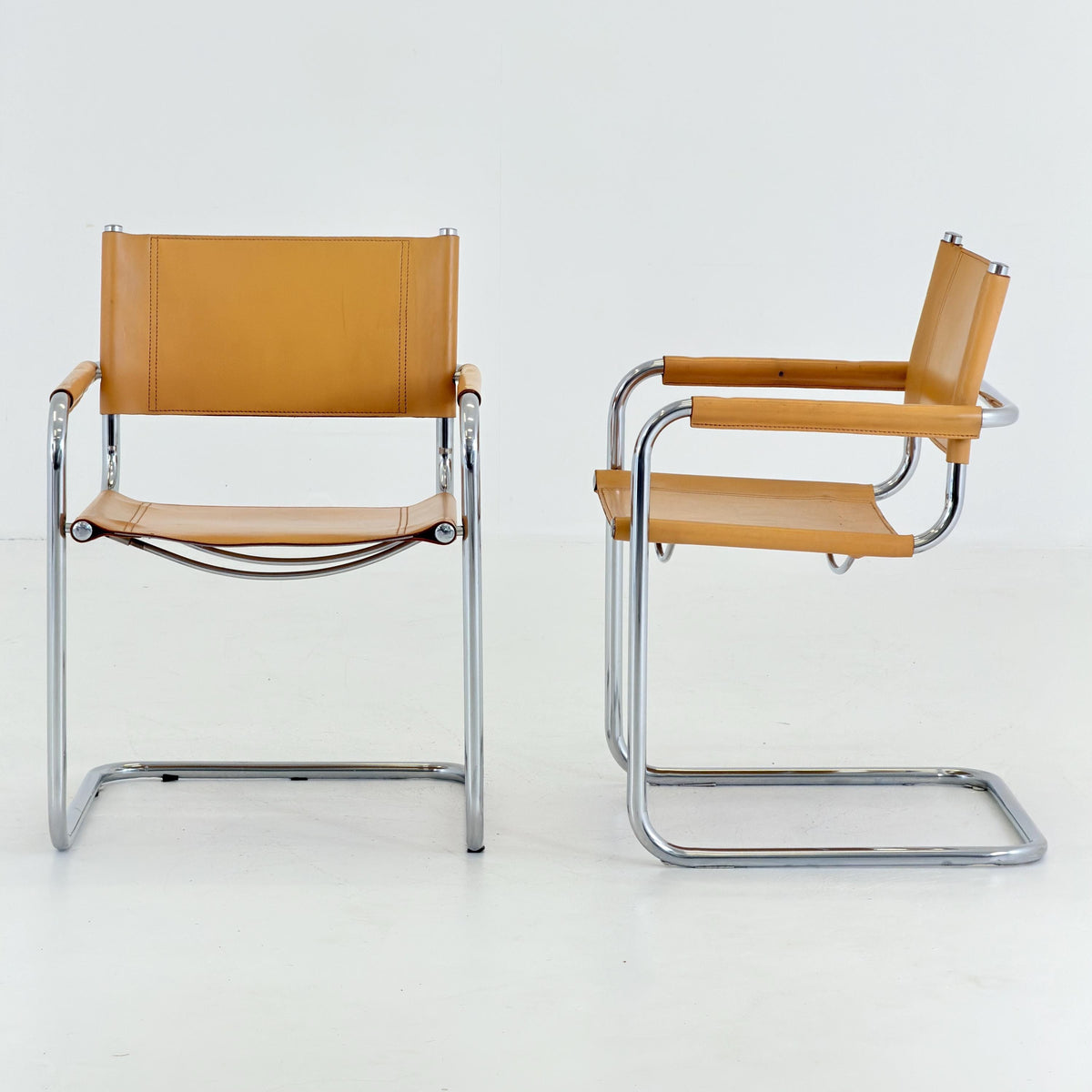 set of 2 Mid century Bauhaus Leather b34 armchairs by Mart Stam & Marcel Breuer for Fasem, Italy 1985