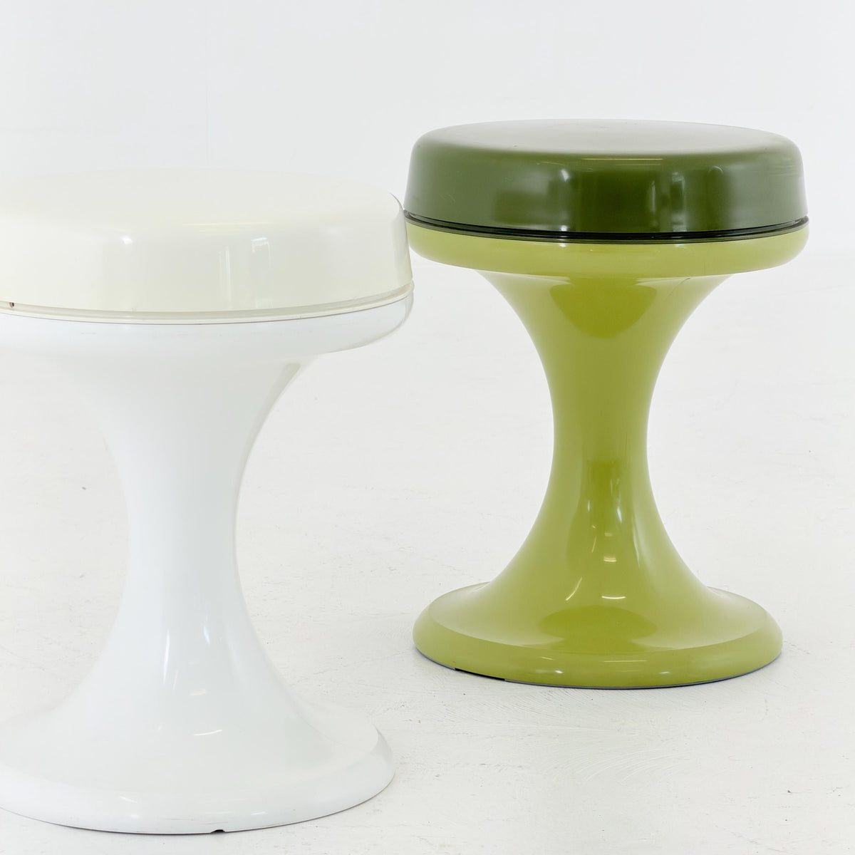 Mid Century Space Age Emsa Tulip Stools – Set of 2 – Olive Green & White – West Germany 1970s