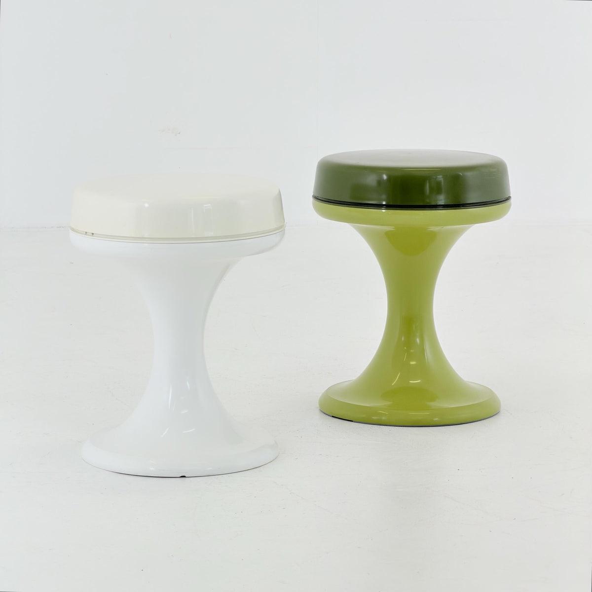 Mid Century Space Age Emsa Tulip Stools – Set of 2 – Olive Green & White – West Germany 1970s