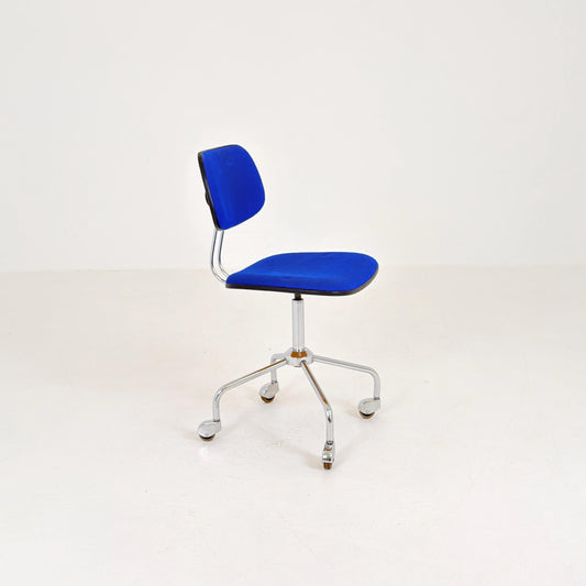 Mid-Century Bauhaus Swivel Office Chair, Blue Fabric Desk Chair, Chrome Steel Base, 1980s Germany