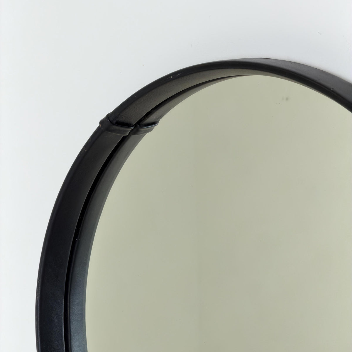 Mid Century Round Wall Mirror, Black Leather Frame, Vintage German Mirror, 1970s