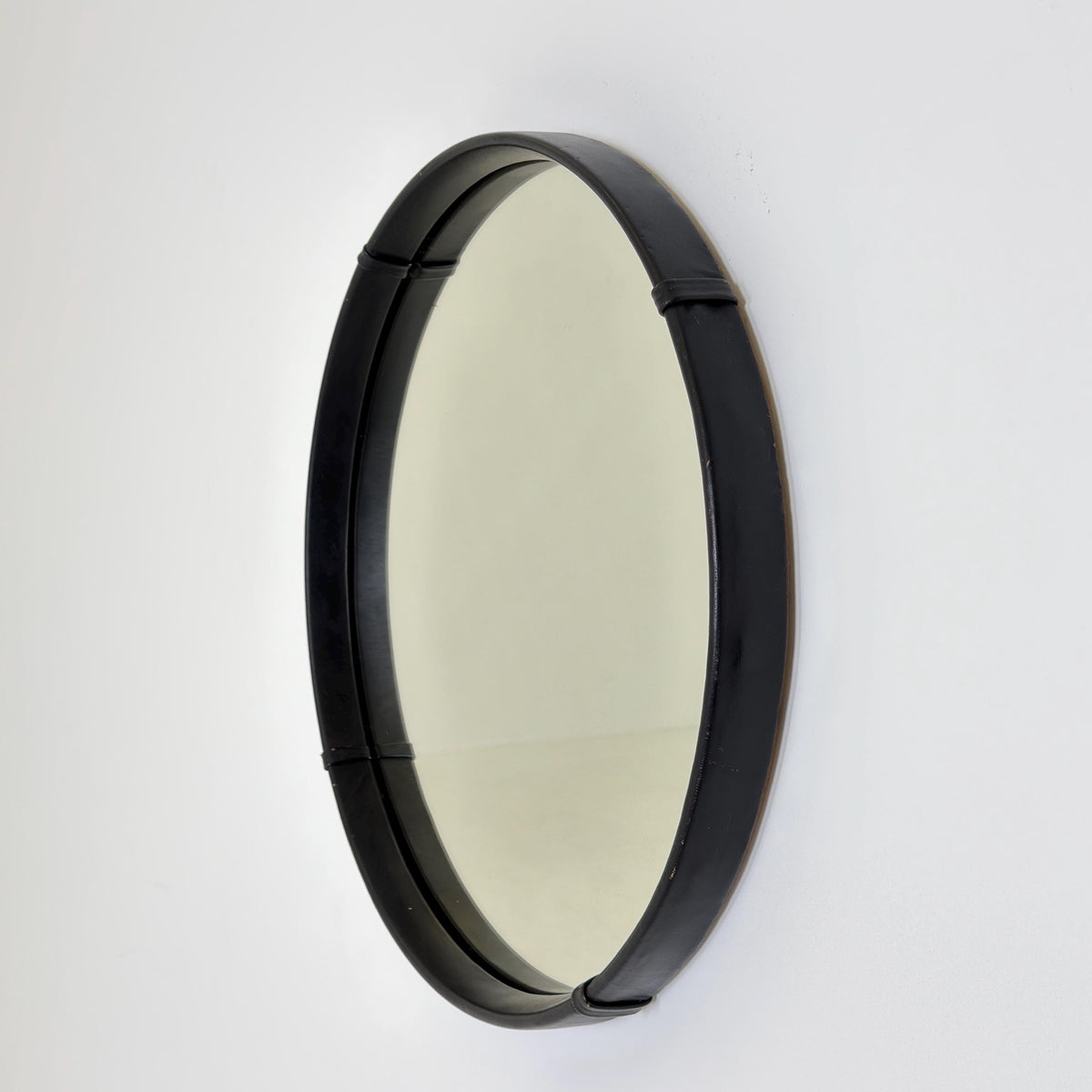 Mid Century Round Wall Mirror, Black Leather Frame, Vintage German Mirror, 1970s