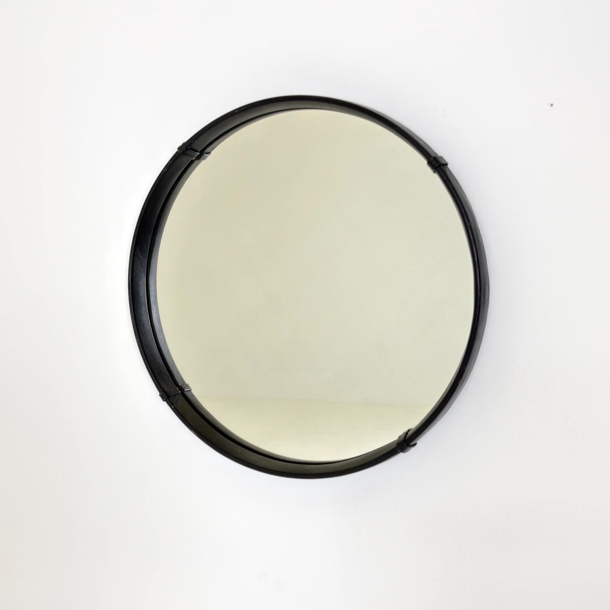 Mid Century Round Wall Mirror, Black Leather Frame, Vintage German Mirror, 1970s