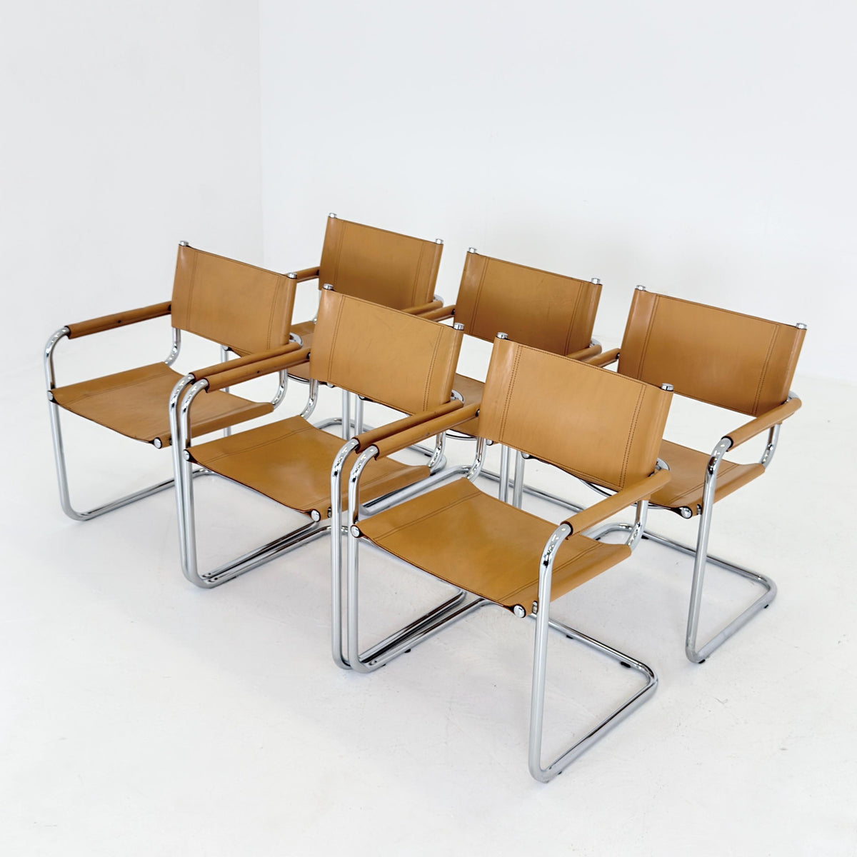 set of 6 Mid century Bauhaus Leather b34 armchairs by Mart Stam & Marcel Breuer for Fasem, Italy 1985