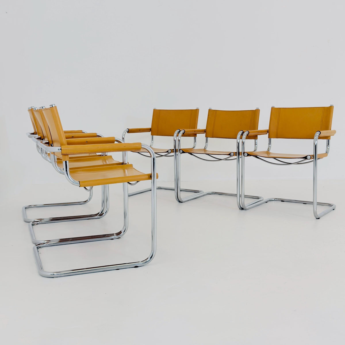 set of 6 Mid century Bauhaus Leather b34 armchairs by Mart Stam & Marcel Breuer for Fasem, Italy 1985