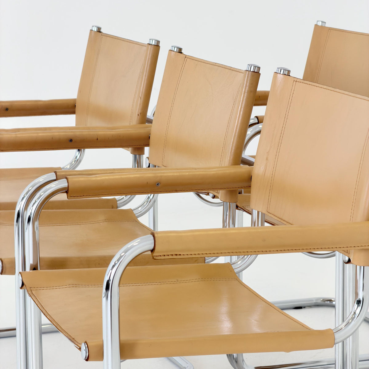set of 6 Mid century Bauhaus Leather b34 armchairs by Mart Stam & Marcel Breuer for Fasem, Italy 1985